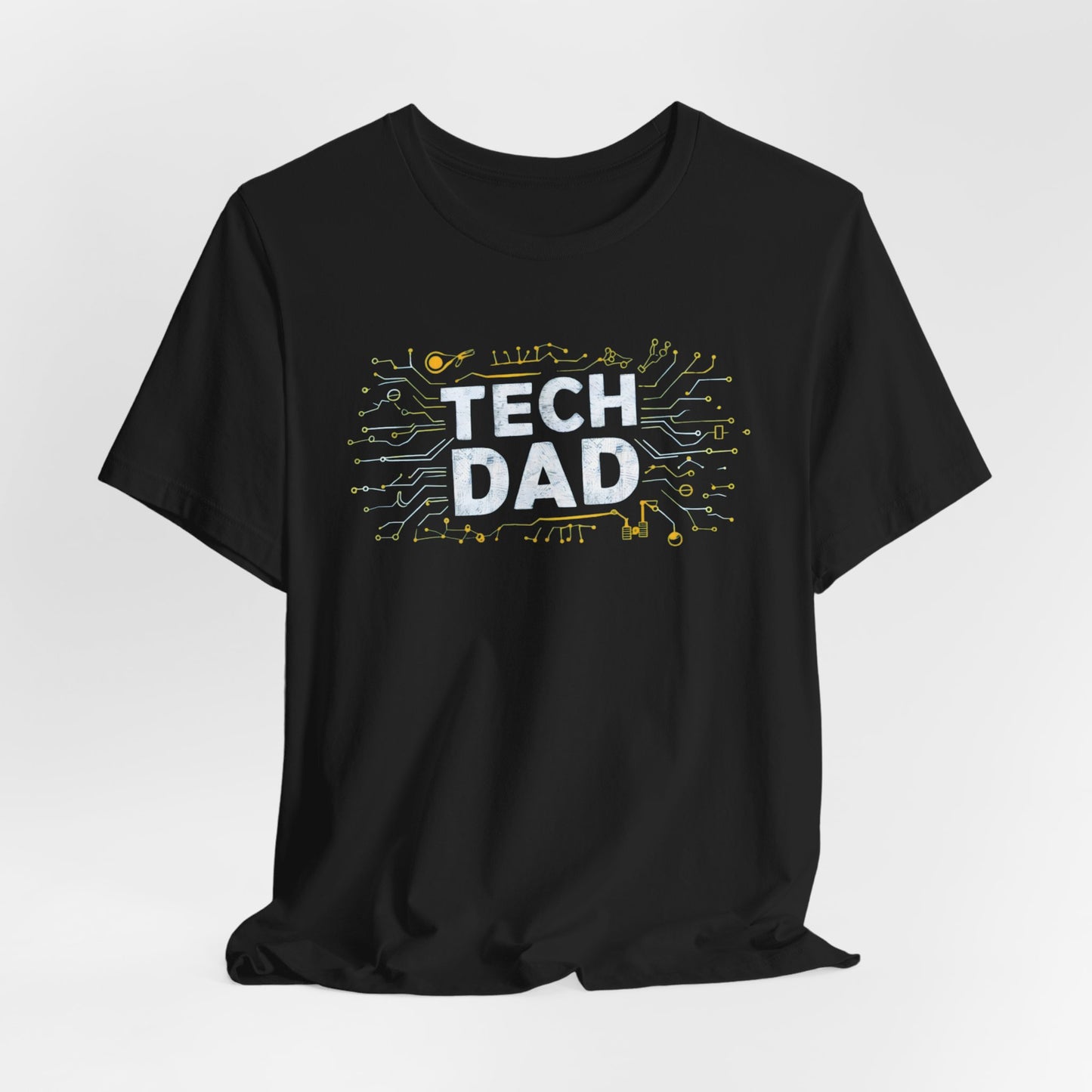 T-shirt with a bold 'Tech Dad' design, featuring a vibrant circuit board graphic, perfect for tech-savvy dads.