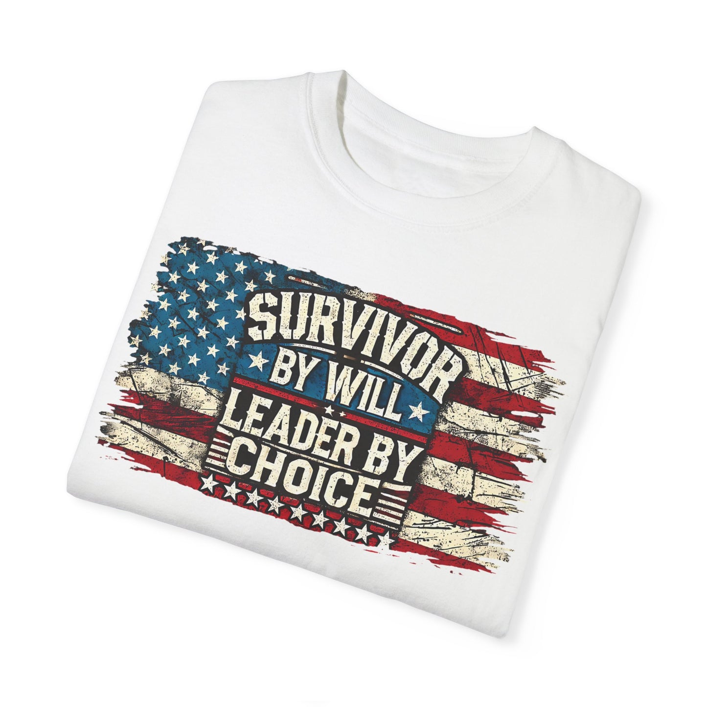 Silenced? Never. t-shirt with a distressed American flag background, featuring bold white text