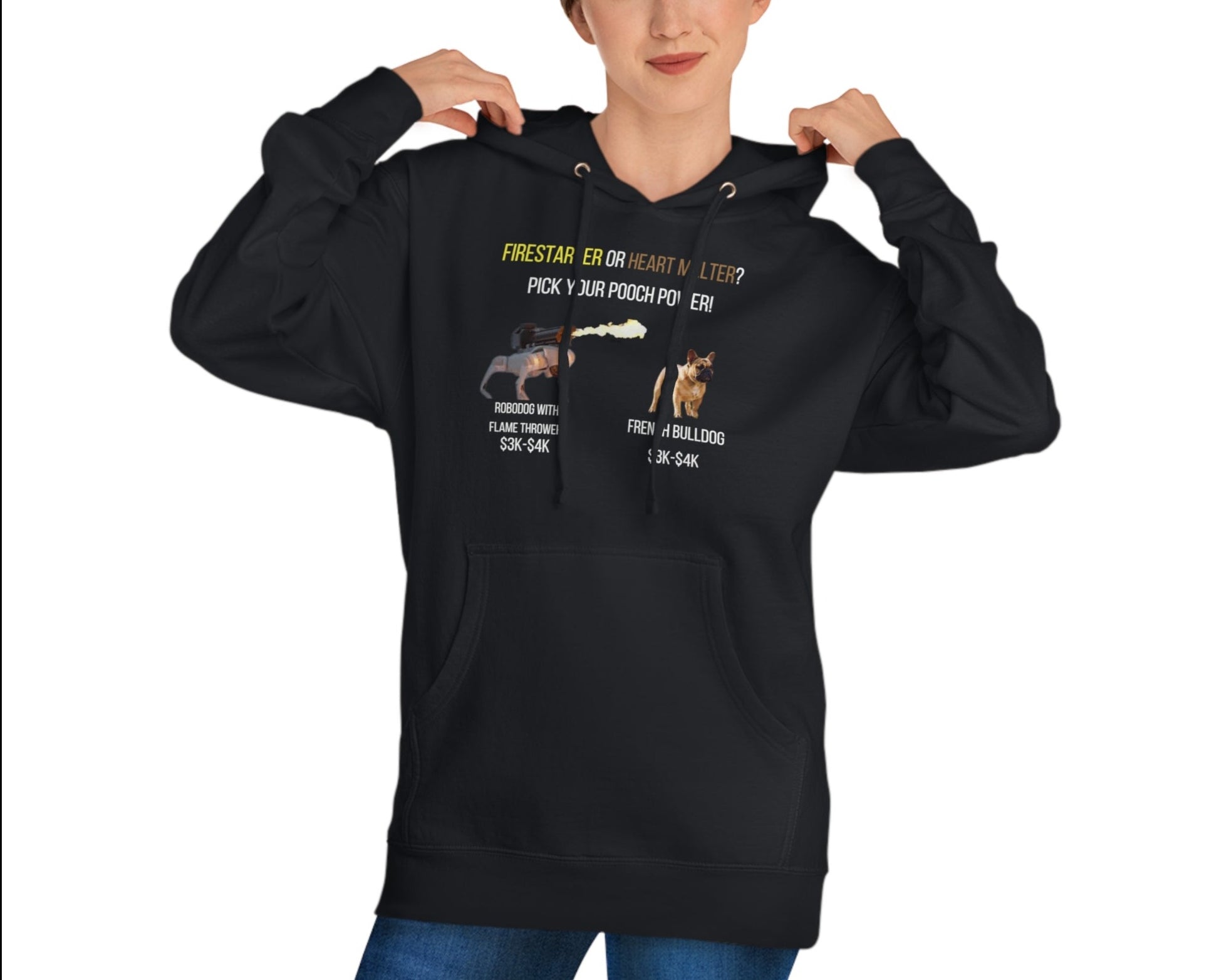 Unique "Pooch Power" dog lover hoodie featuring a fun design with a Robodog with a flamethrower and a French Bulldog, perfect for expressing your love for dogs with style and humor.