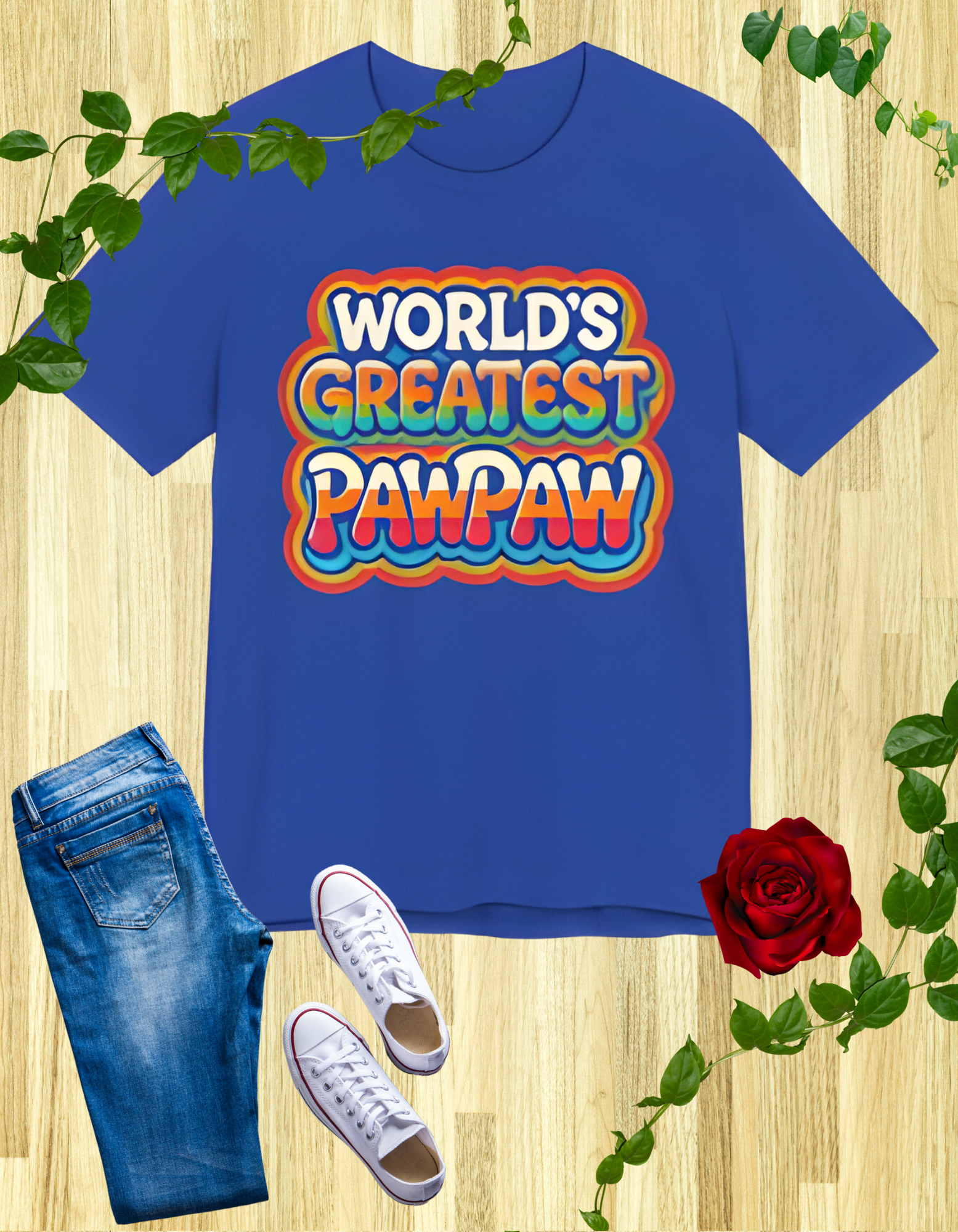 World's Greatest Pawpaw Retro T-Shirt in navy and royal blue colors, featuring a fun and colorful design perfect for grandpa appreciation gifts.