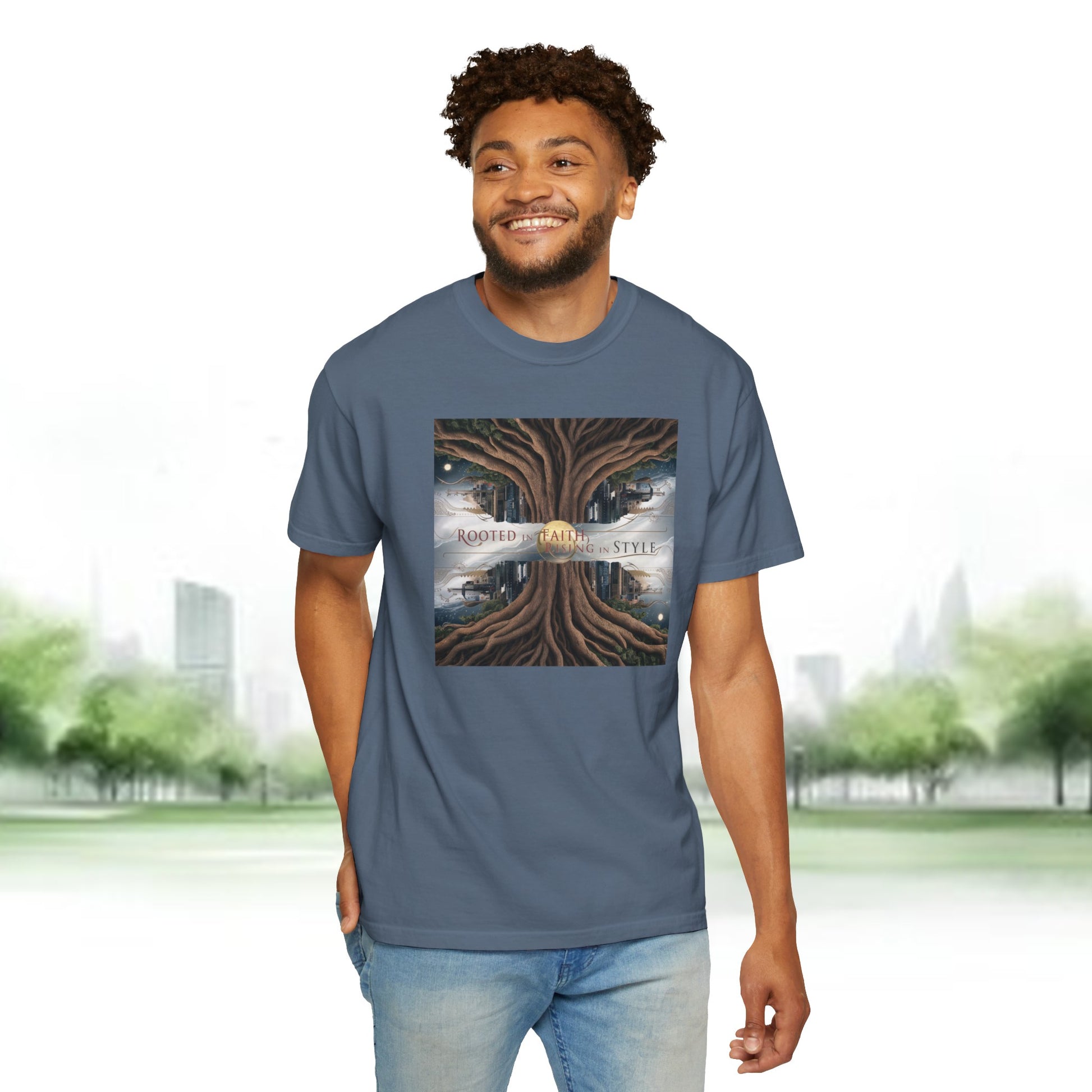 Inspirational "Rooted in Faith" Christian graphic tee featuring a stunning vintage tree design with the message "Rooted in Faith, Growing in Style," perfect for expressing faith and spirituality with a stylish touch.