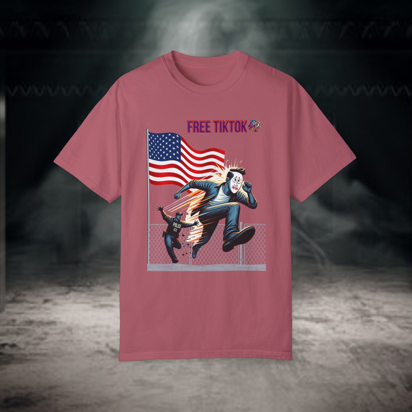 Rebellious "Free TikTok" vintage graphic tee featuring a masked figure escaping over a fence with the American flag in the background, perfect for making a bold and humorous statement with style.