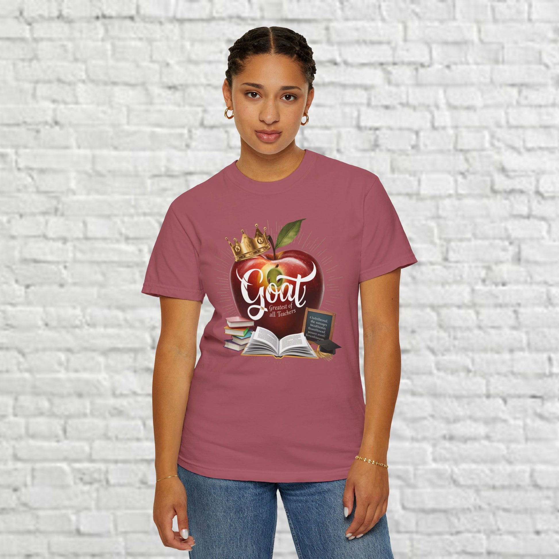 Greatest of All Teachers t-shirt featuring a crown on an apple and books, perfect end-of-year gift for educators.