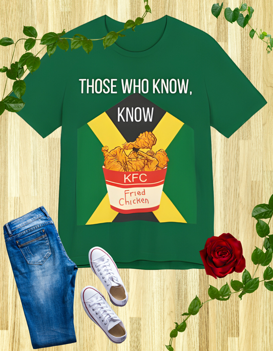 Green & black t-shirts with a design featuring a bucket of KFC fried chicken against the Jamaican flag and the text 'Those Who Know, Know'.