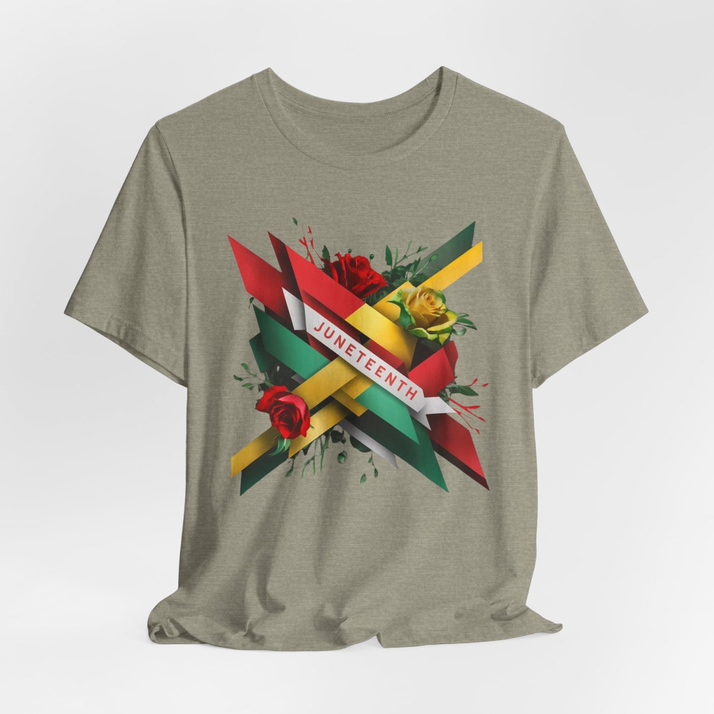 Vibrant Juneteenth Designed Shirt featuring a dynamic flag pattern with bold colors and blooming roses, perfect for celebrating freedom and Black history.