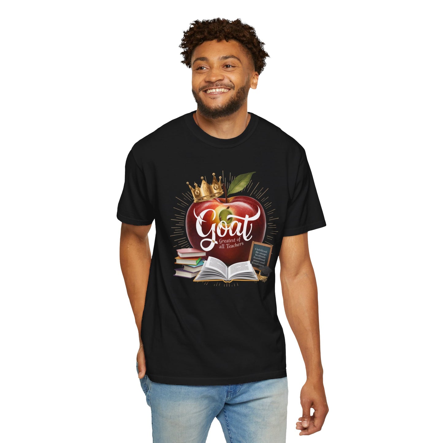 Greatest of All Teachers t-shirt featuring a crown on an apple and books, perfect end-of-year gift for educators.