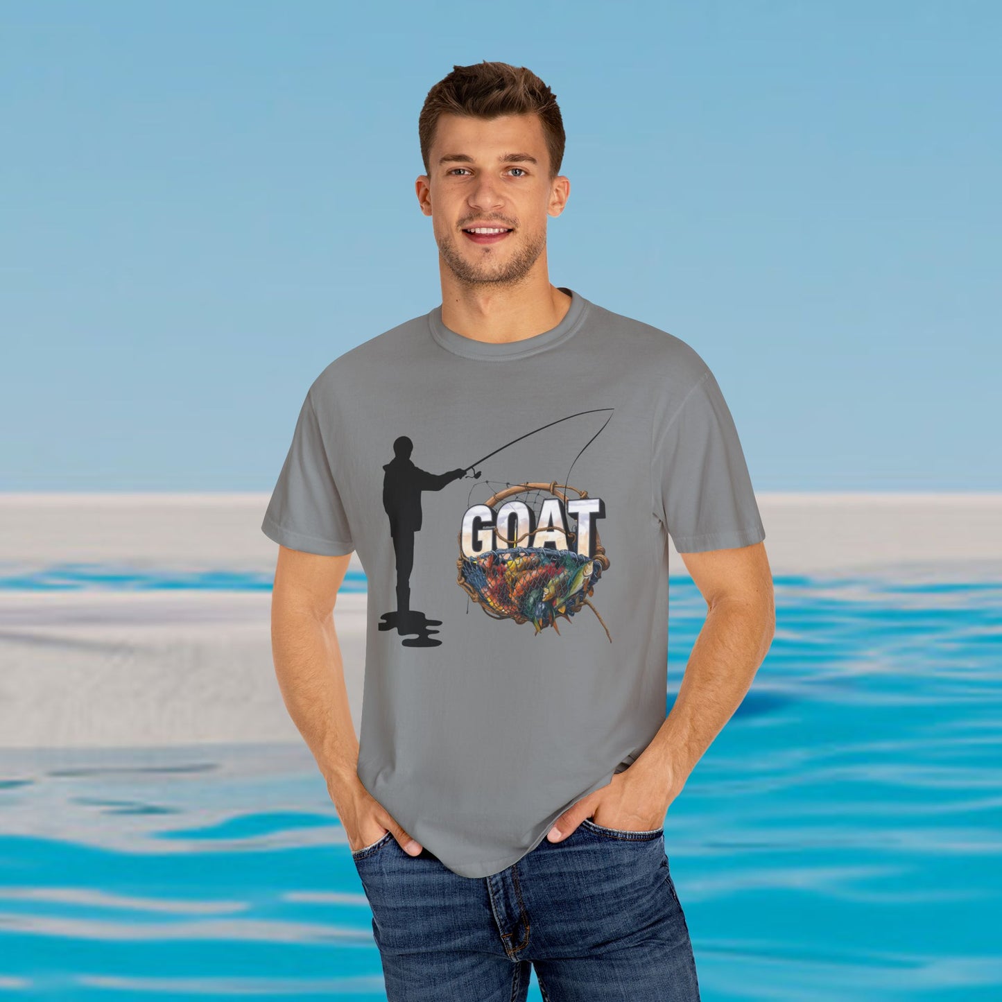 GOAT Dad Fishing T-Shirt featuring a silhouette of a dad fishing with the text 'GOAT' and a colorful fish design, perfect gift for dads who love fishing.