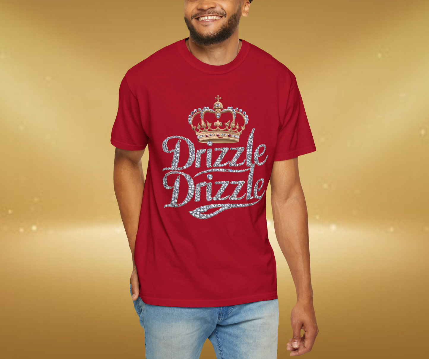 'Drizzle Drizzle' themed t-shirts showcasing a blend of royal crown imagery and modern slang, perfect for a relaxed yet stylish look.