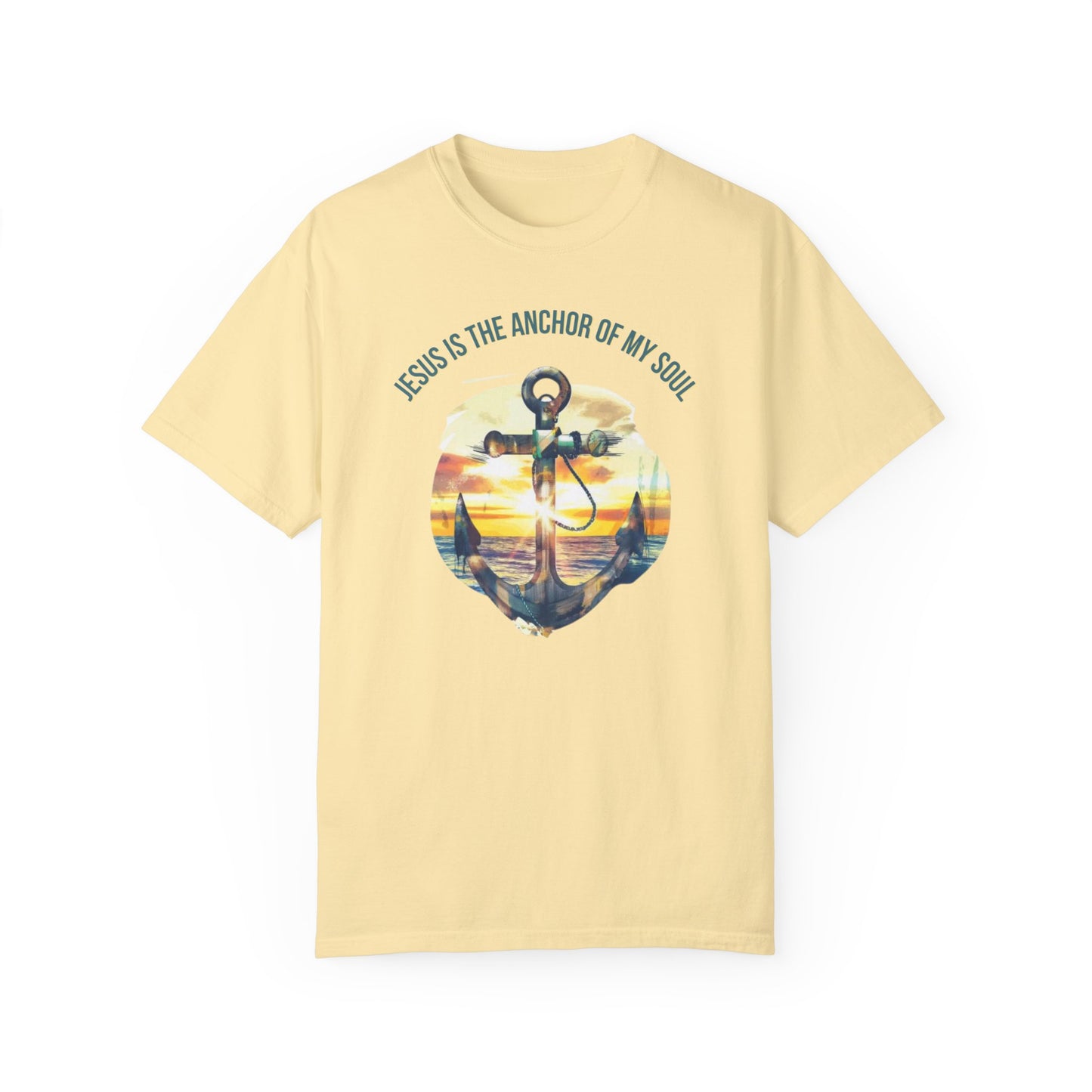 Inspirational "Jesus is the Anchor of My Soul" Christian graphic tee featuring an anchor design set against a serene sunset, perfect for expressing faith and spirituality with a vintage touch.