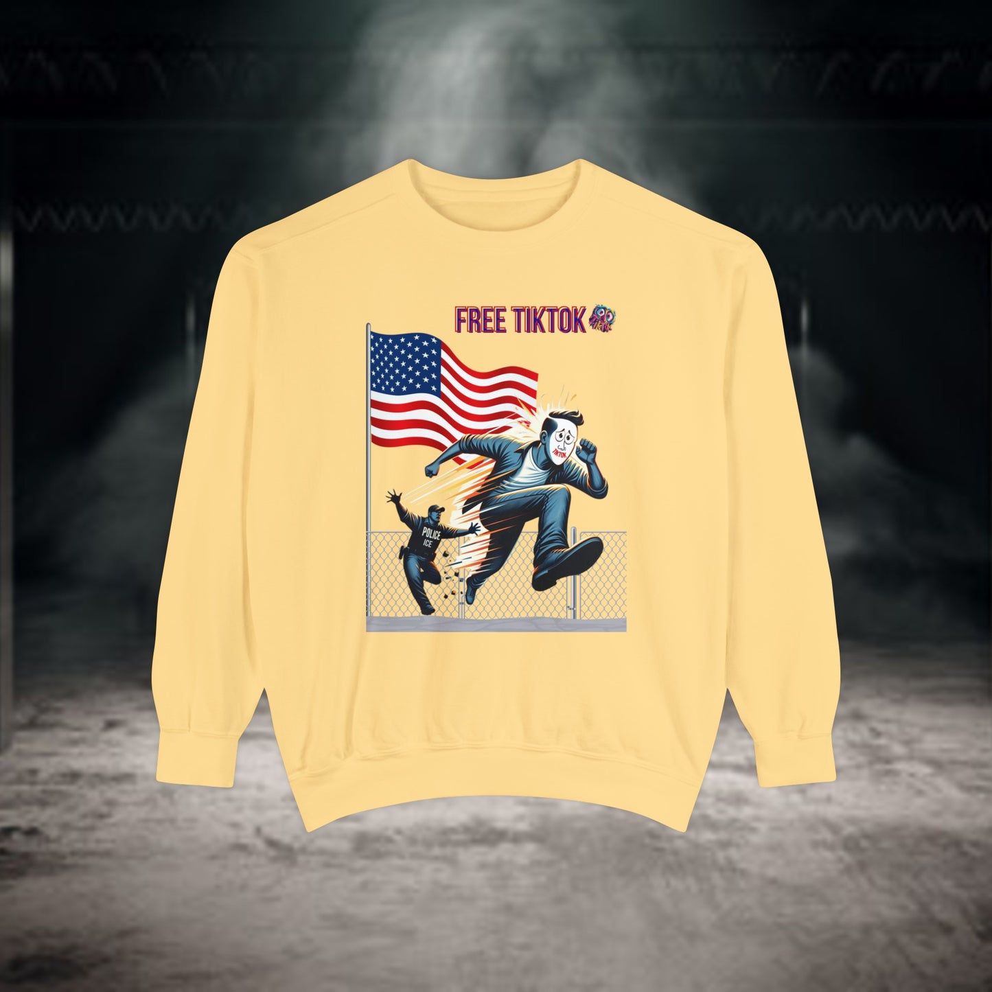 Bold "Free TikTok" vintage graphic sweatshirt featuring a dynamic illustration of a rebellious figure escaping over a fence with the American flag in the background, perfect for making a statement with style.