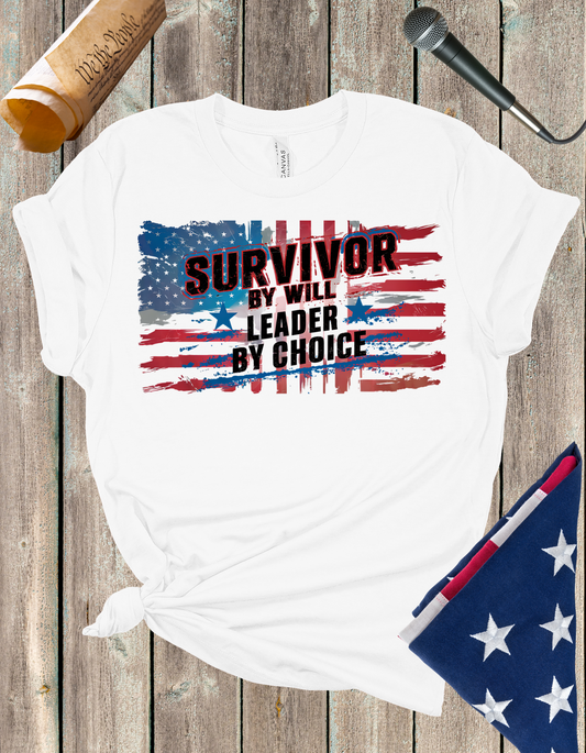 Silenced? Never. t-shirt with a distressed American flag background, featuring bold white text