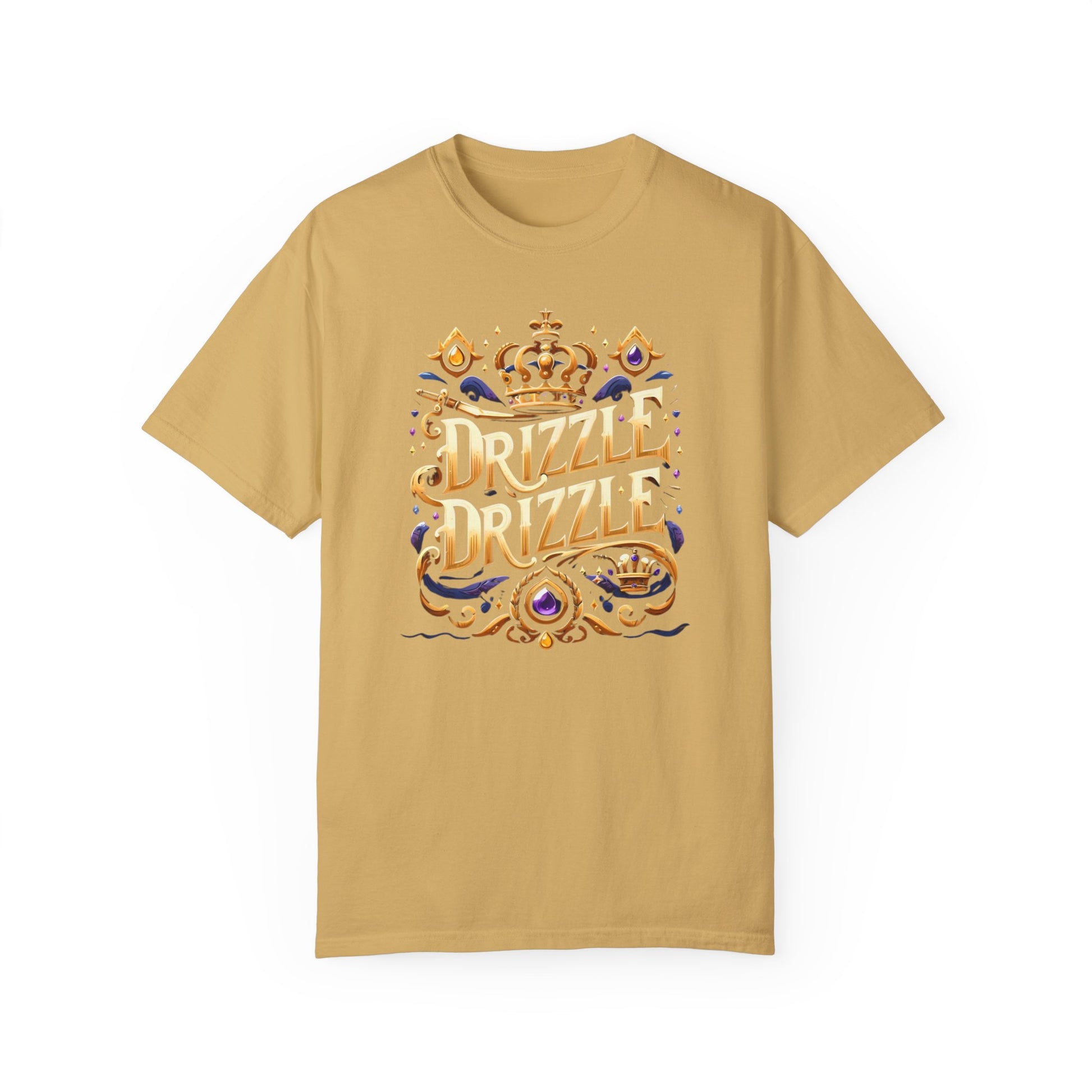 'Drizzle Drizzle' themed t-shirts showcasing a blend of royal crown imagery and modern slang, perfect for a relaxed yet stylish look.