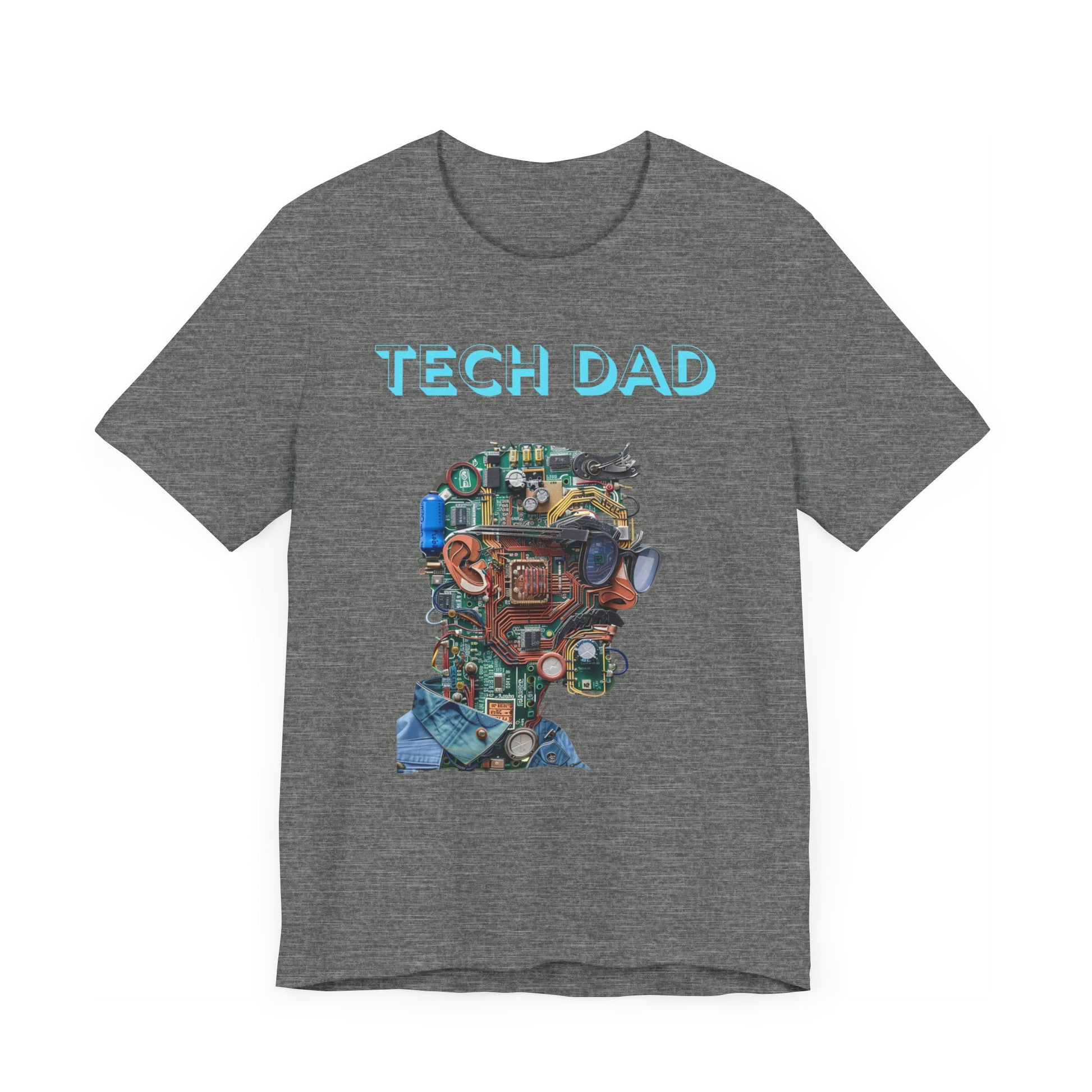 T-shirt with a bold 'Tech Dad' design, featuring a vibrant circuit board graphic, perfect for tech-savvy dads.