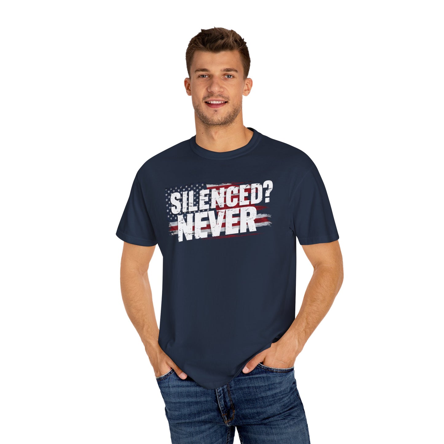 Silenced? Never. Patriotic T-Shirt with Vintage American Flag Design