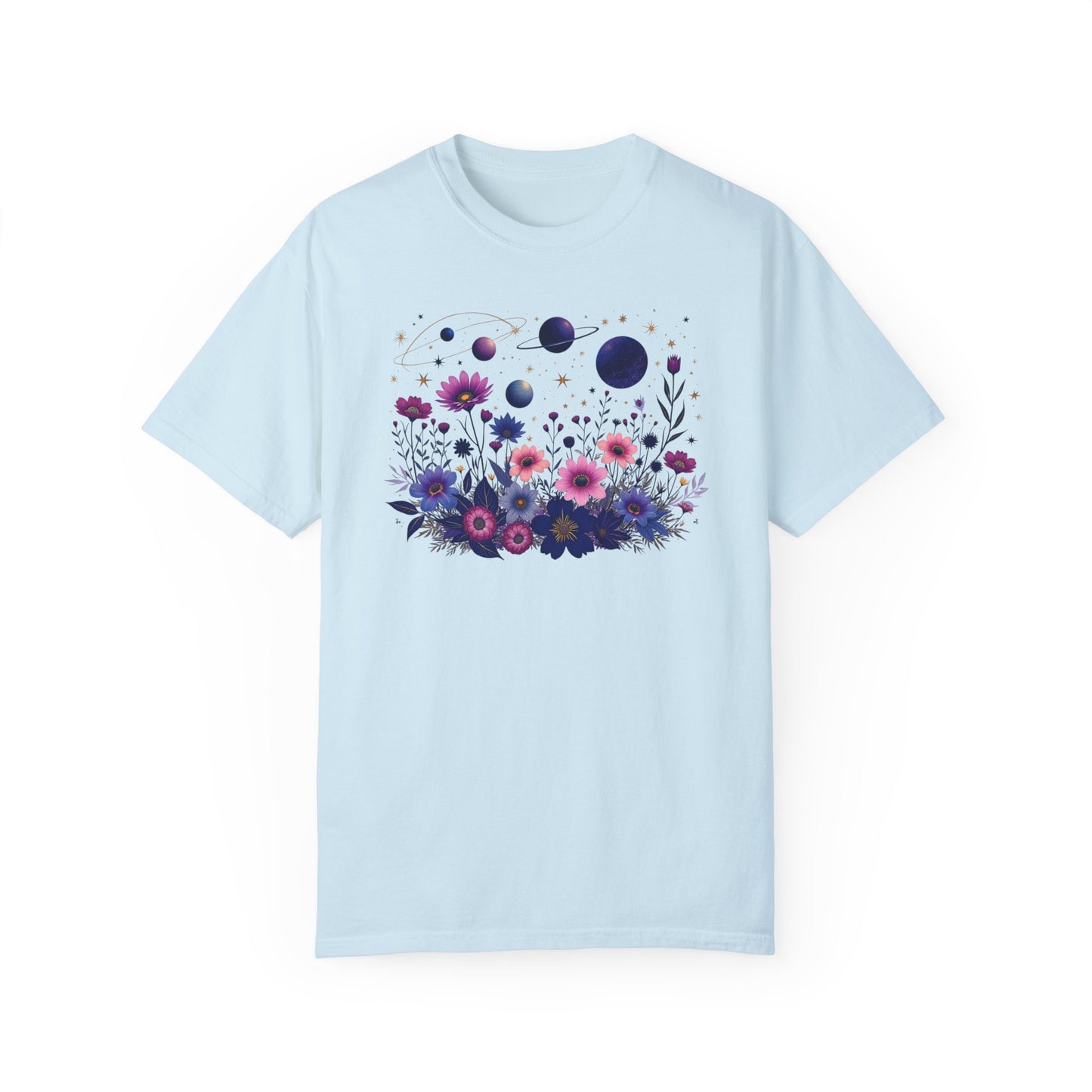 Cosmic Floral Unisex Garment-Dyed T-Shirt - Perfect for Nature Lovers & Stargazers