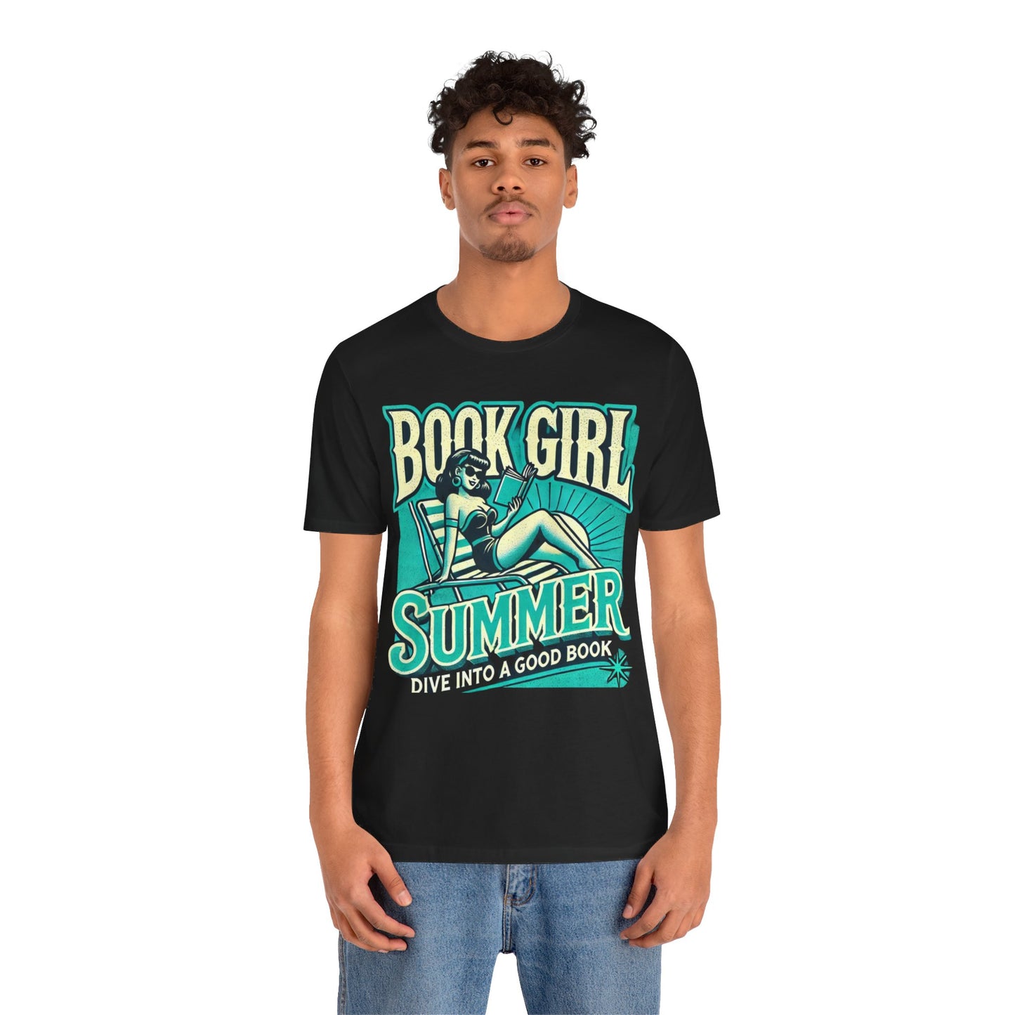 Black t-shirt with "Book Girl Summer" featuring a vintage pinup girl lounging and reading, text "Dive Into a Good Book."