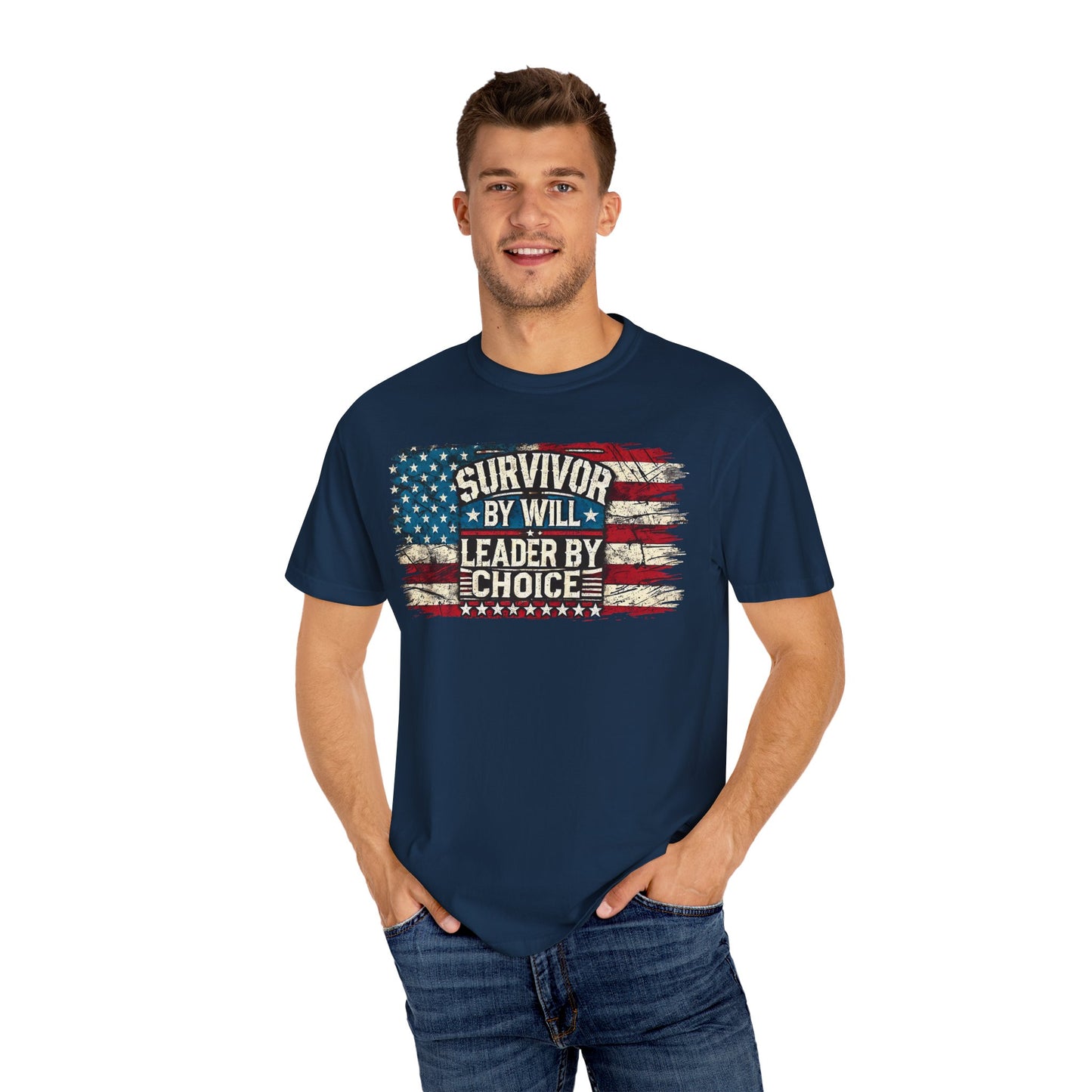 Patriotic T-Shirt - Survivor by Will, Leader by Choice | Vintage American Flag Design