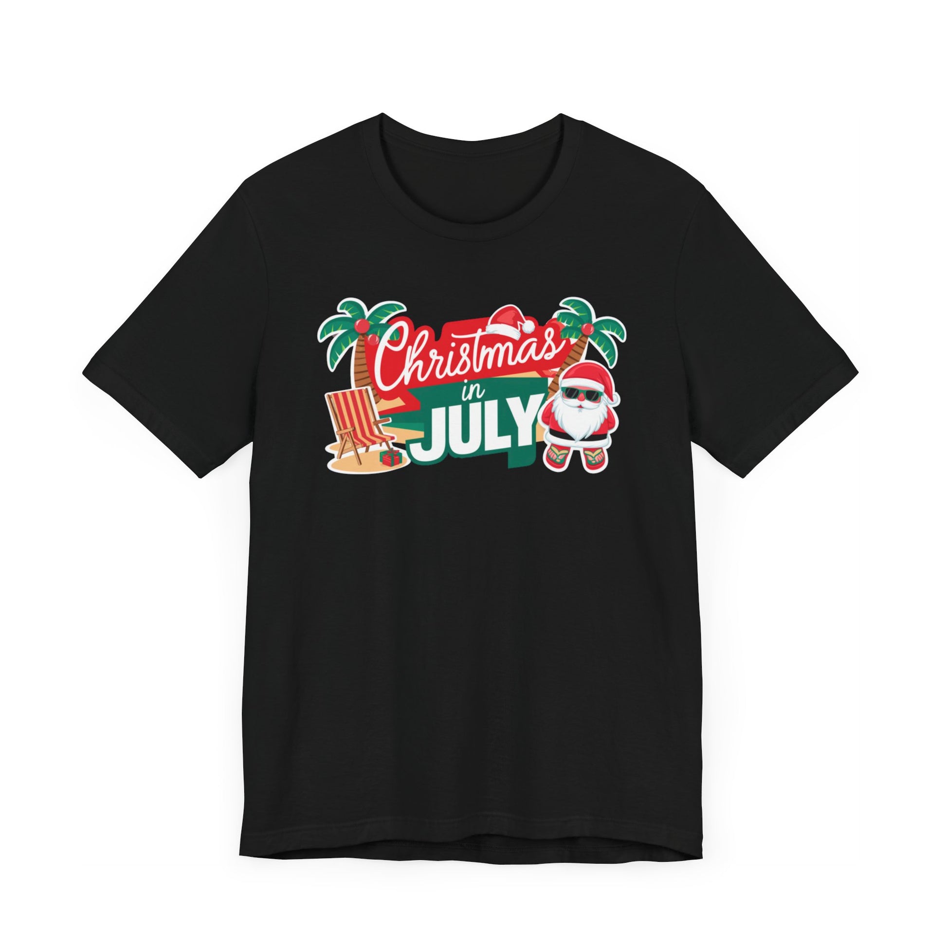 Tropical-themed t-shirts featuring the text "Christmas in July" with festive elements like palm trees, beach chairs, and a Santa.