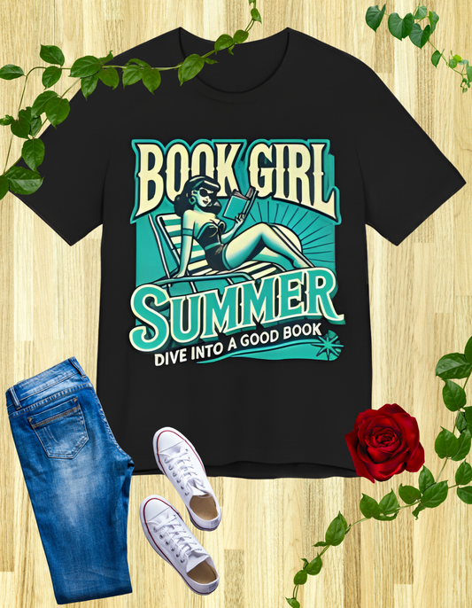 Black t-shirt with "Book Girl Summer" featuring a vintage pinup girl lounging and reading, text "Dive Into a Good Book."