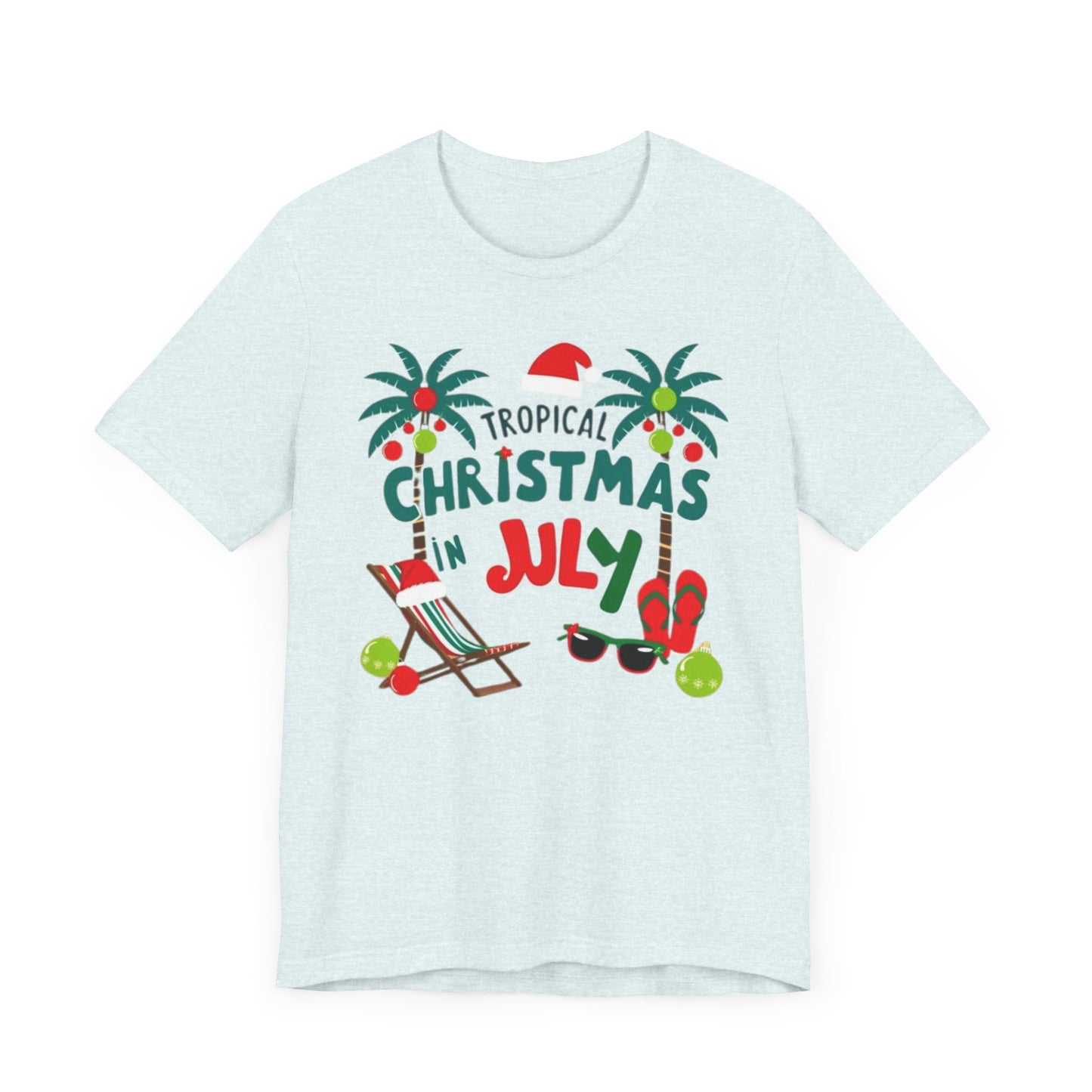 Tropical-themed t-shirts featuring the text "Christmas in July" with festive elements like palm trees, beach chairs, and a Santa.