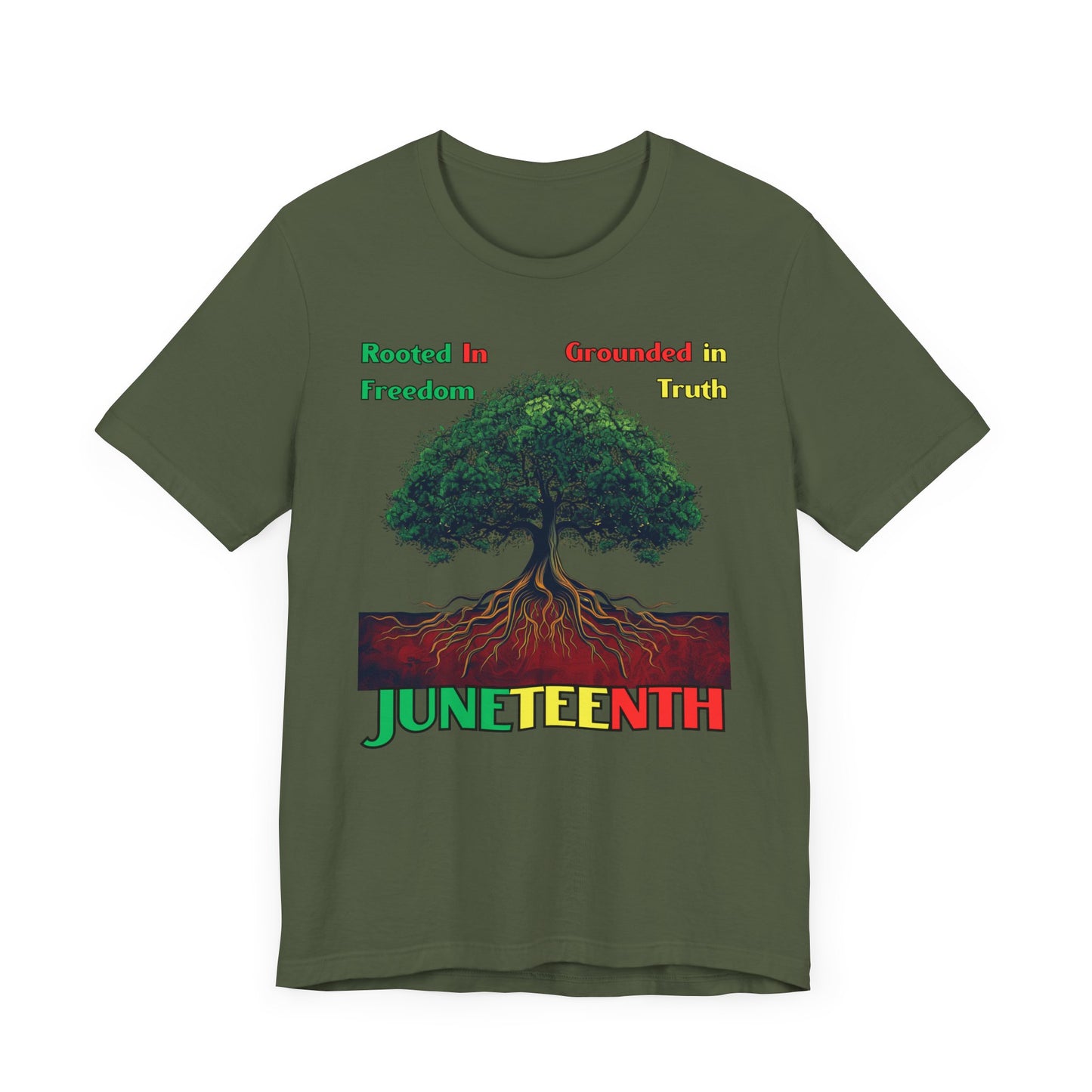 Empowering 'Rooted in Freedom' Juneteenth shirt featuring a majestic tree with roots symbolizing strength and resilience, perfect for celebrating heritage and Black history.