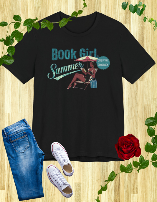 Black t-shirt with "Book Girl Summer" featuring a vintage pinup girl reading a book, text "Come Relax with a Good Book."