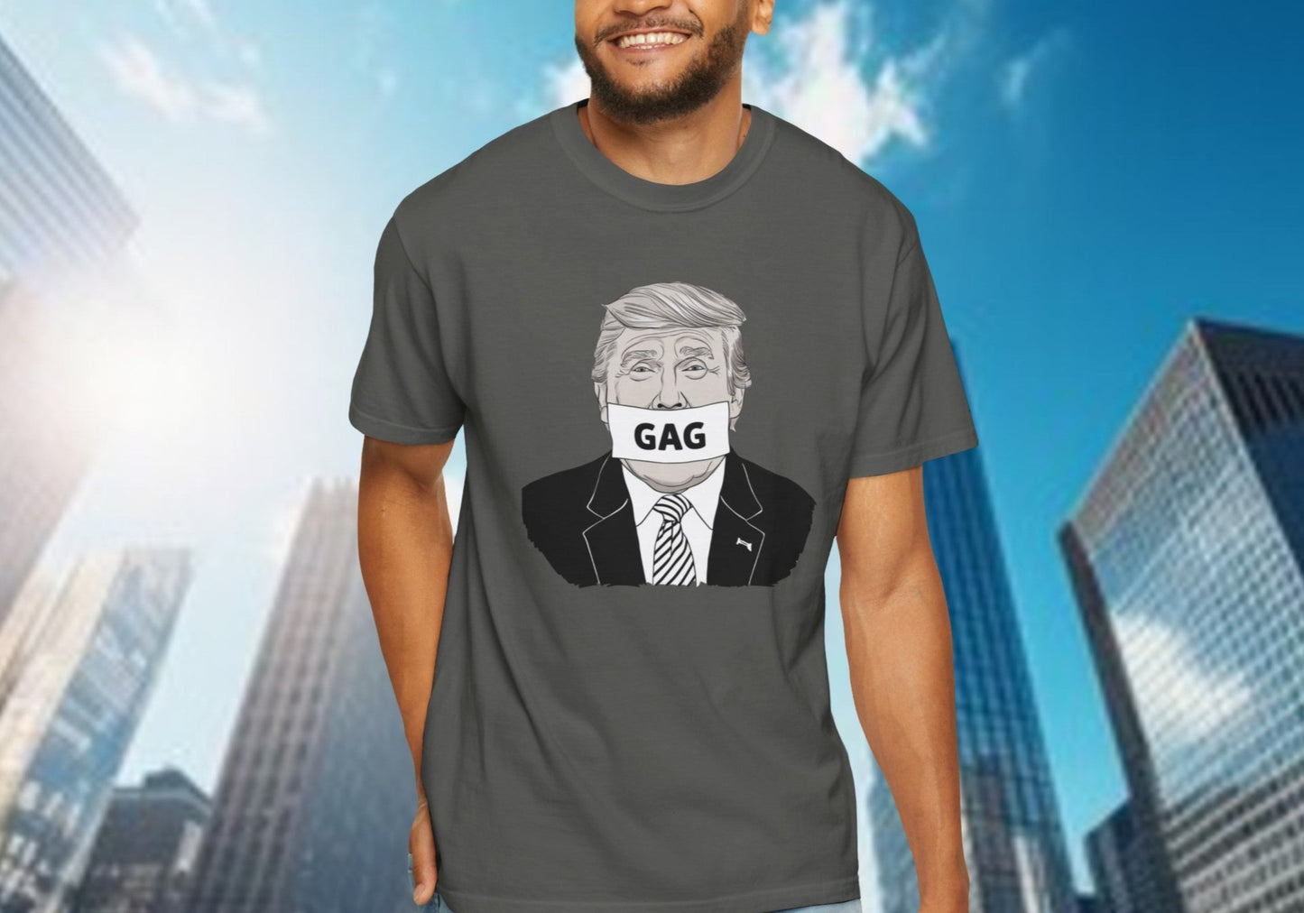 Controversial "Gag" Trump political t-shirt featuring an illustration of Donald Trump with the word "GAG" across his mouth, perfect for making a bold and provocative statement.