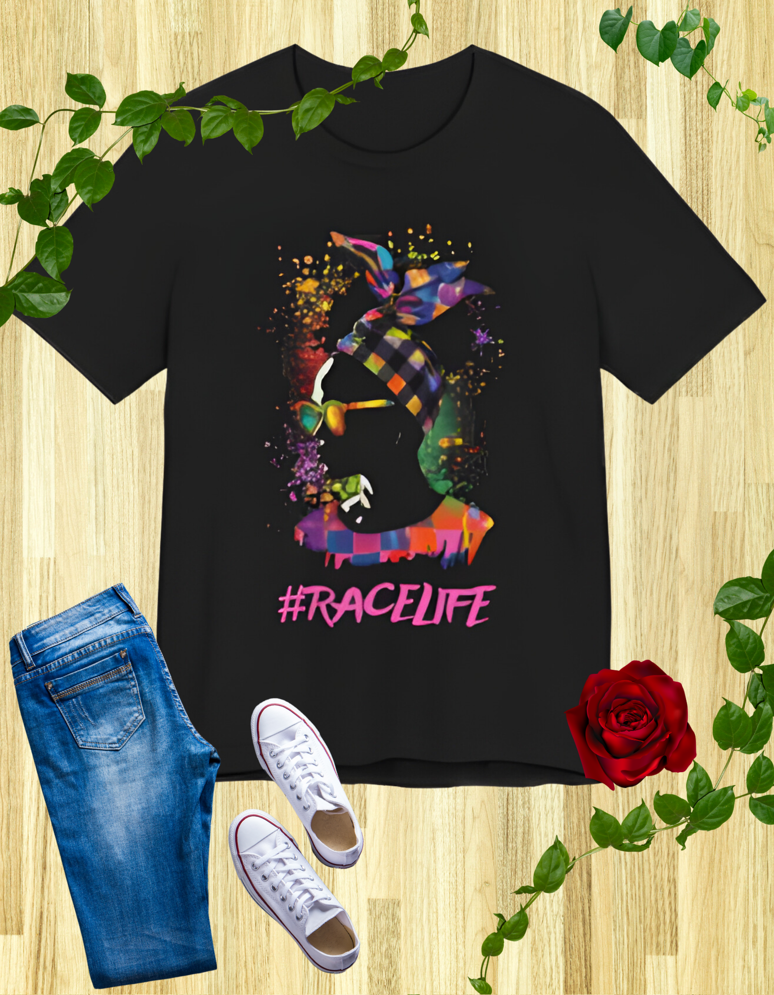 Black t-shirt with a stylish woman in checkered sunglasses and bow, text "#RaceLife."