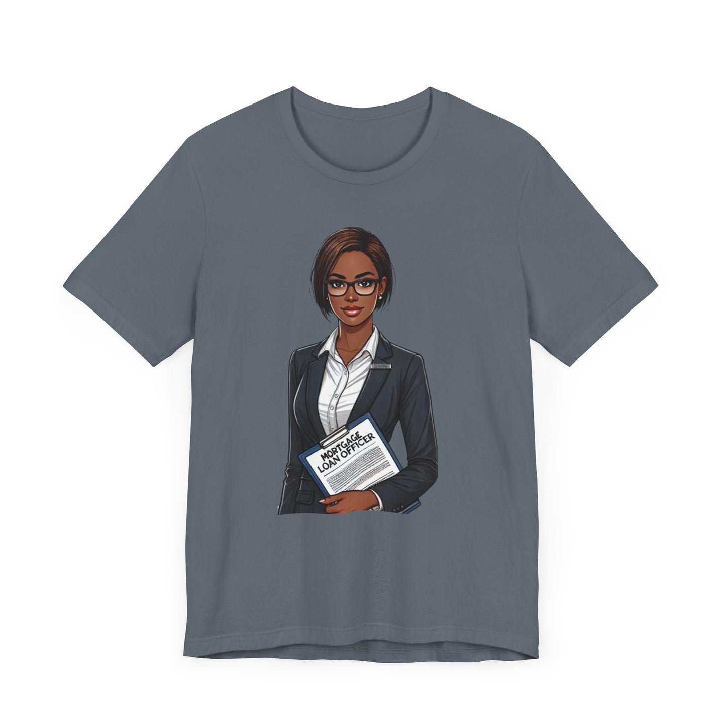 Mortgage Loan Officer gift t-shirt featuring a professional illustration of a loan officer holding documents.