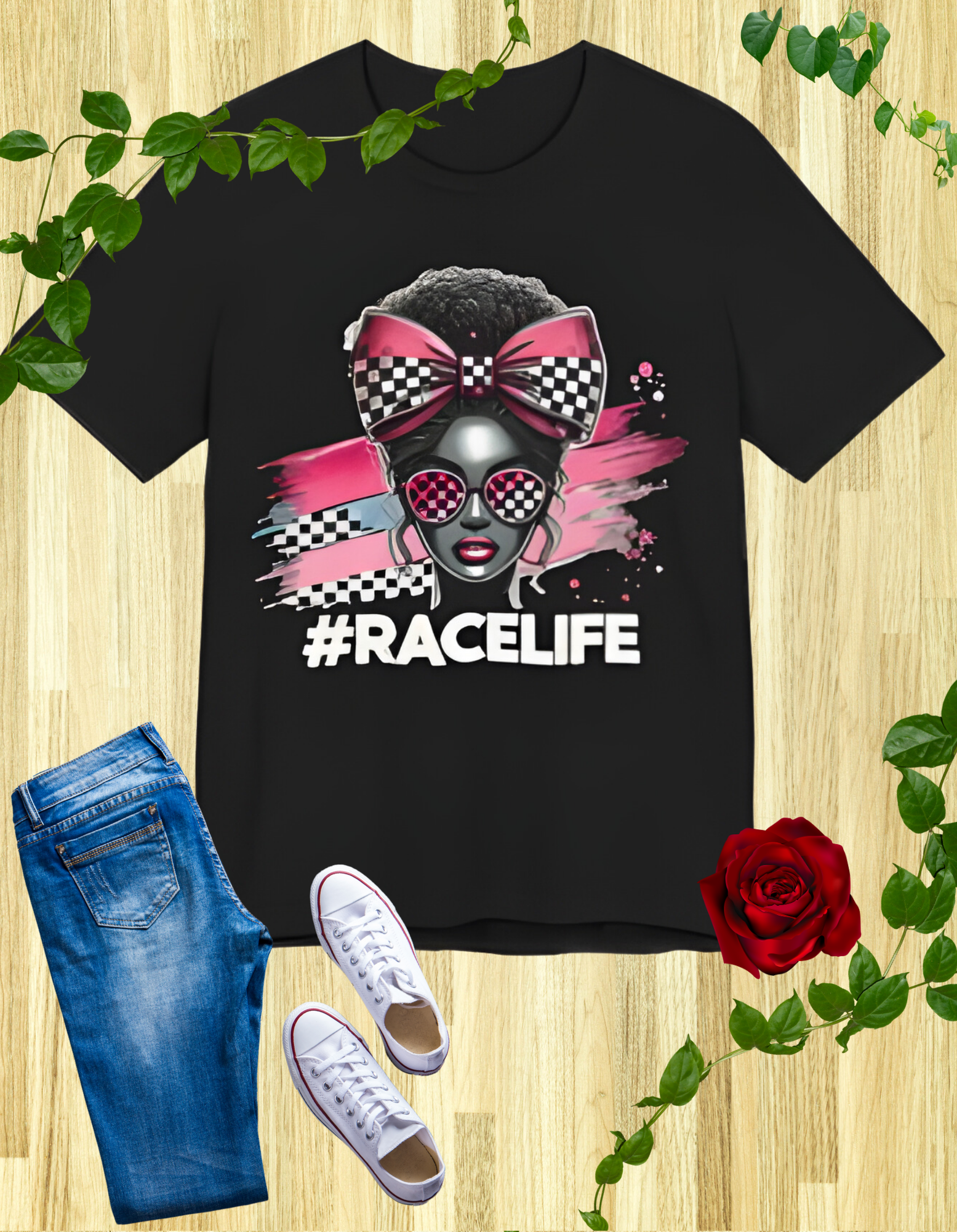 Black t-shirt with a stylish woman in checkered bow and sunglasses, pink brushstroke background, text "#RaceLife."