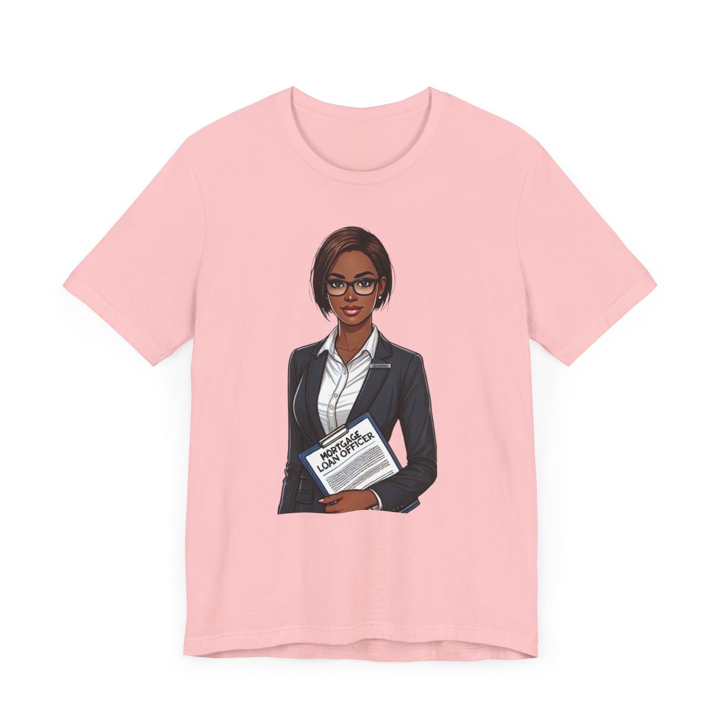 Mortgage Loan Officer gift t-shirt featuring a professional illustration of a loan officer holding documents.