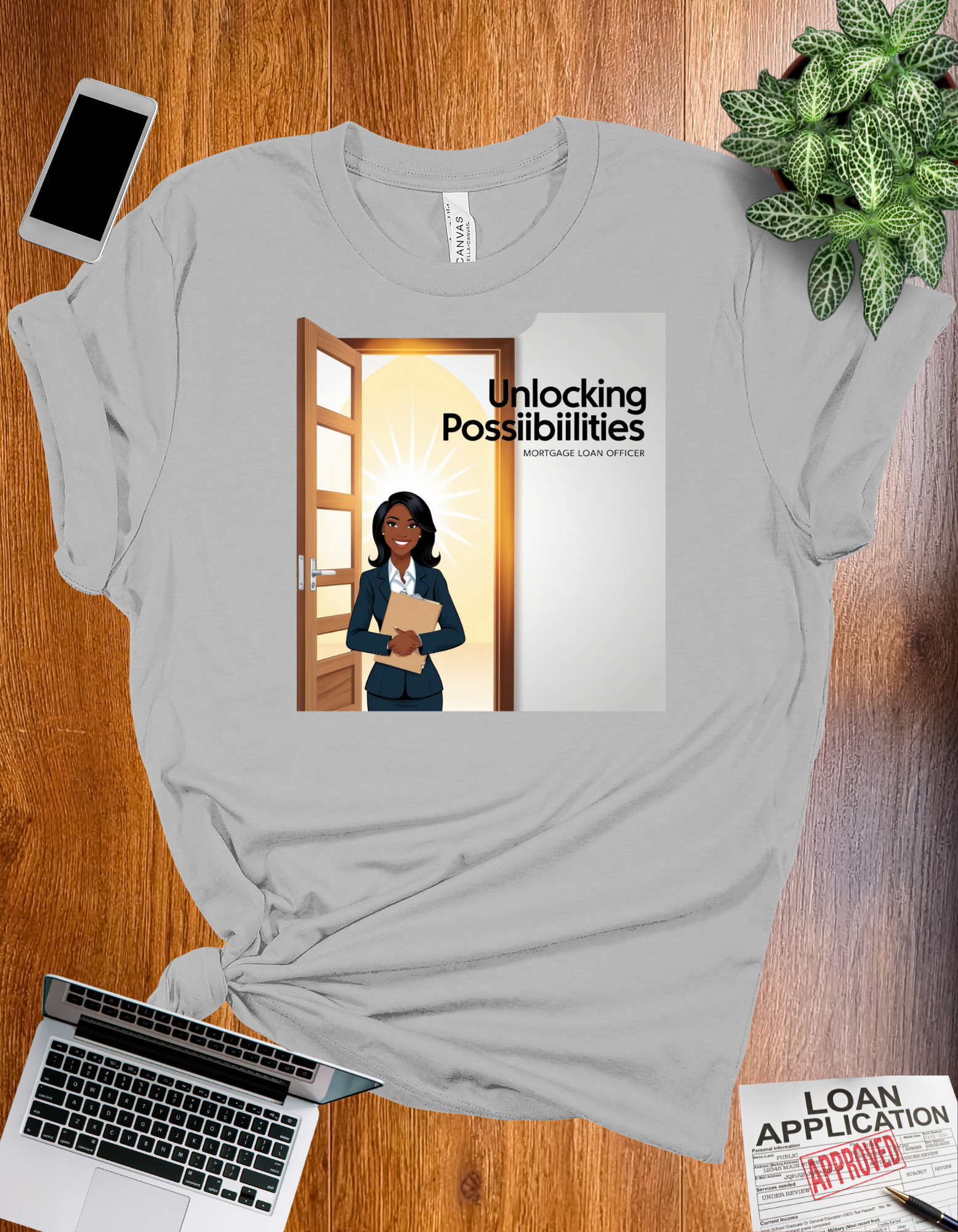 Unlocking Possibilities t-shirt with a motivational design, perfect for mortgage loan officers and real estate professionals.