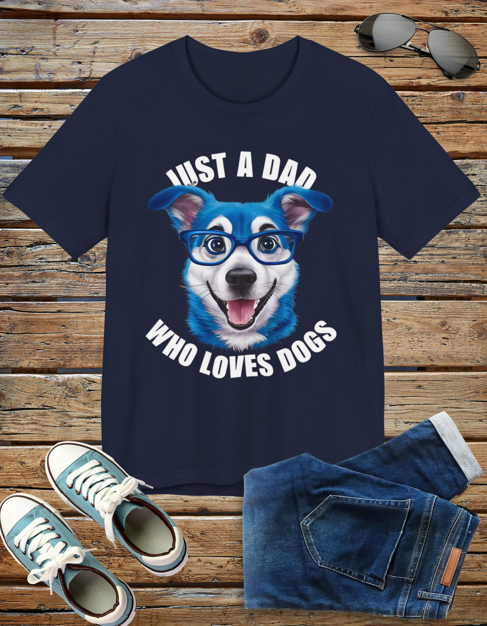 Just a Dad Who Loves Dogs t-shirt featuring a cute dog graphic, perfect for dads who love dogs.