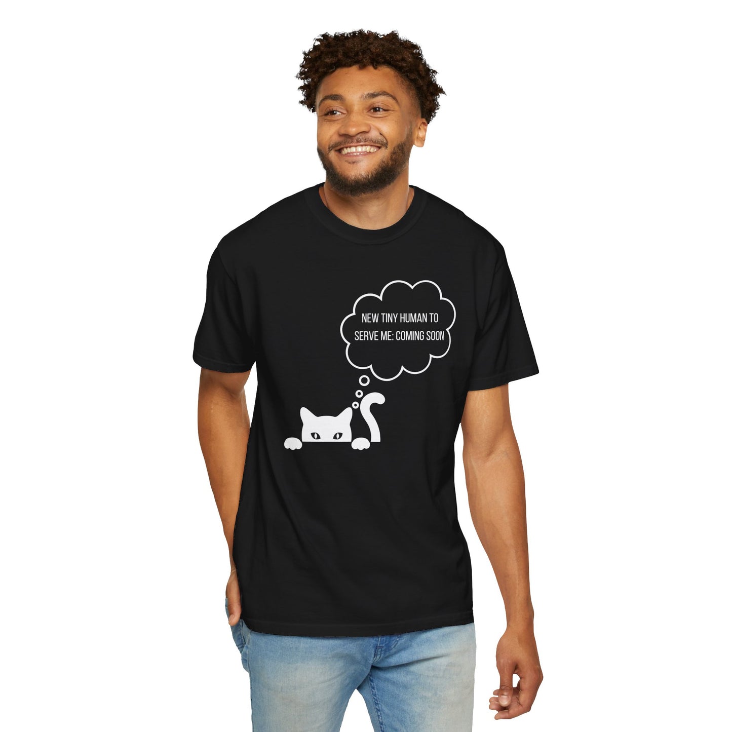 Black t-shirt featuring a playful cat graphic with the text "New Tiny Human to Serve Me, Coming Soon" in a thought bubble.