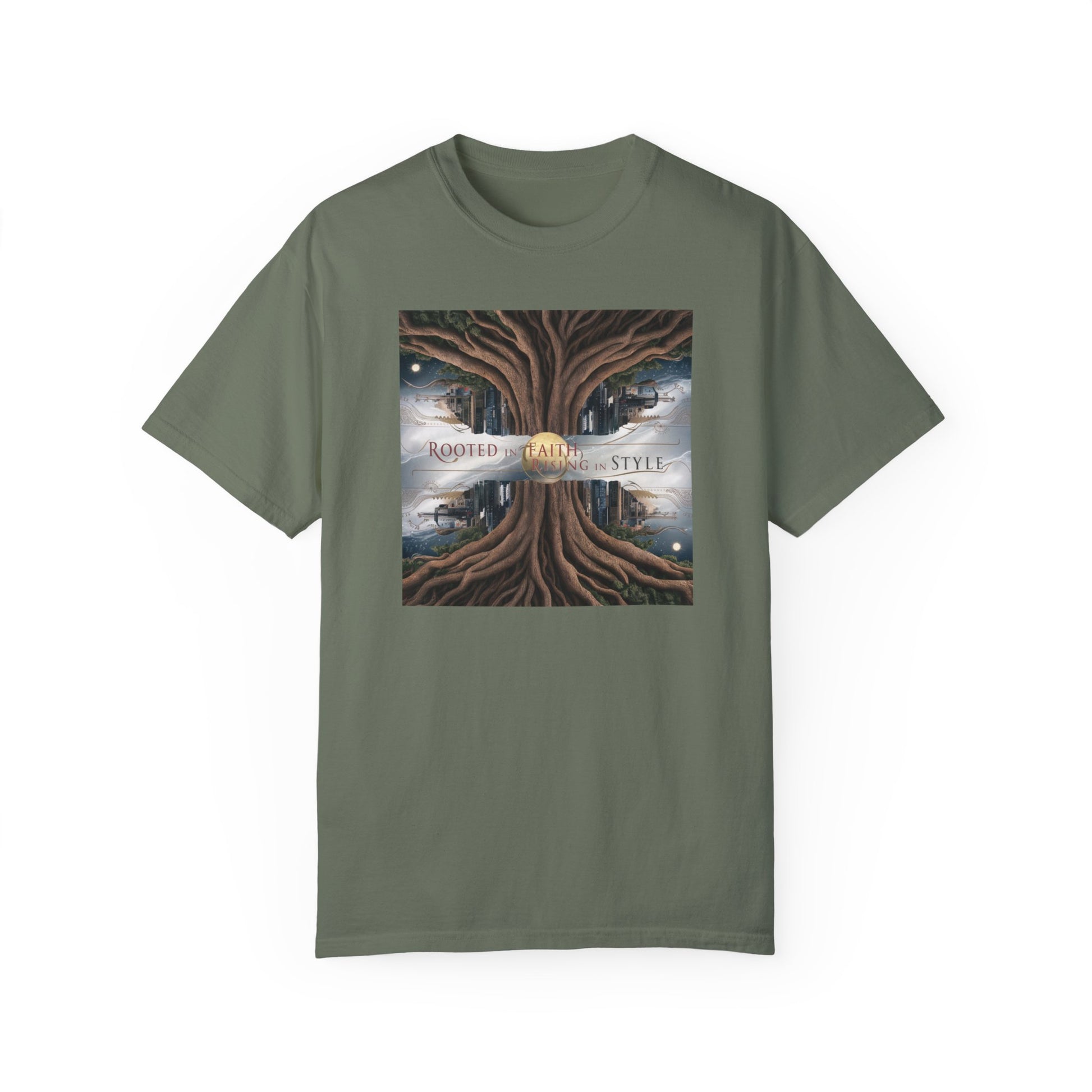 Inspirational "Rooted in Faith" Christian graphic tee featuring a stunning vintage tree design with the message "Rooted in Faith, Growing in Style," perfect for expressing faith and spirituality with a stylish touch.