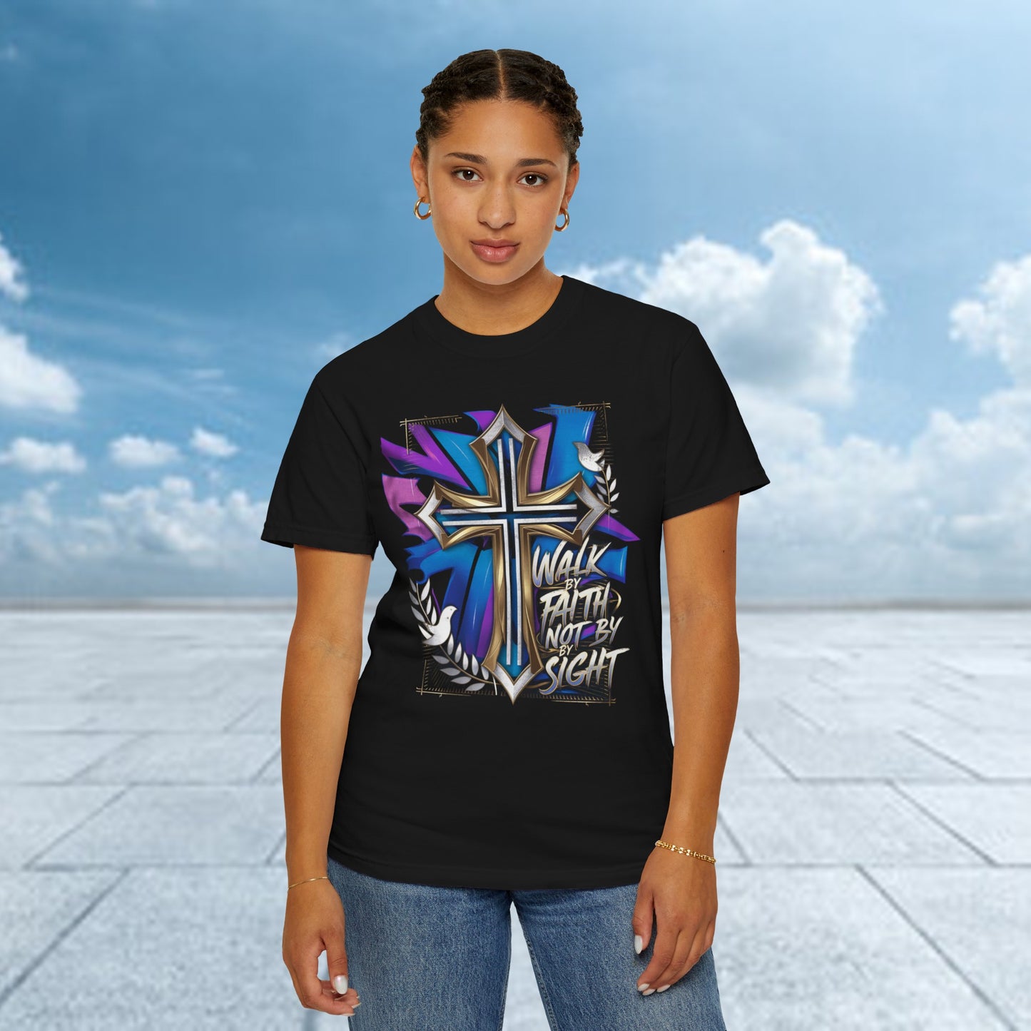 Urban Faith graphic tee featuring a powerful cross design, blending urban style and spiritual strength for women.