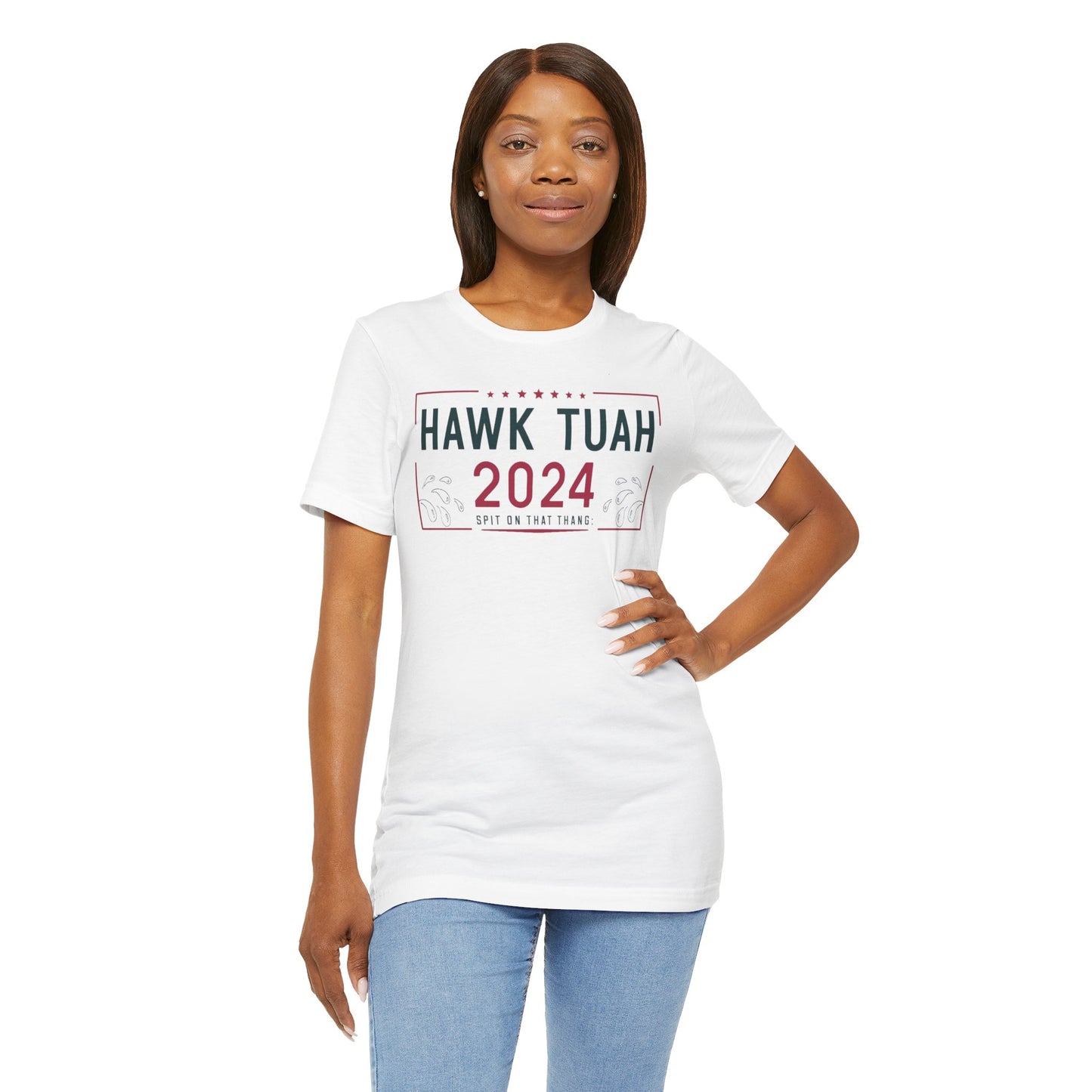 White t-shirt with "HAWK TUAH 2024 SPIT ON THAT THANG" in bold letters.