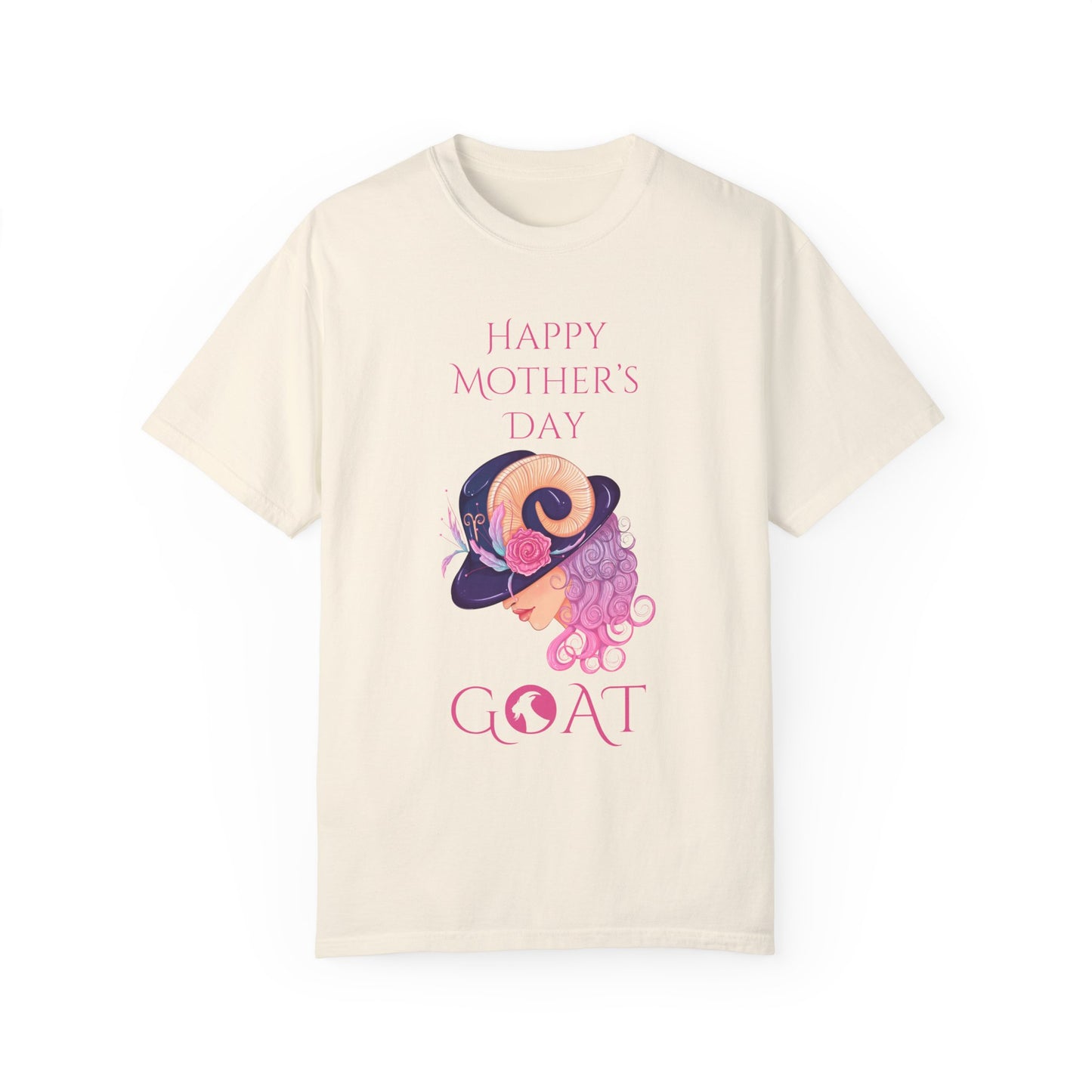 Mother's Day 'GOAT' tee in pastel hues, featuring playful 'Greatest Of All Time' typography intertwined with a whimsical illustration, perfect for celebrating Mom's endless love and strength.