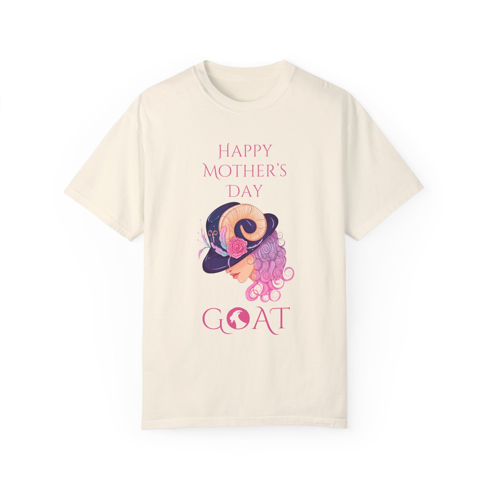 Mother's Day 'GOAT' tee in pastel hues, featuring playful 'Greatest Of All Time' typography intertwined with a whimsical illustration, perfect for celebrating Mom's endless love and strength.