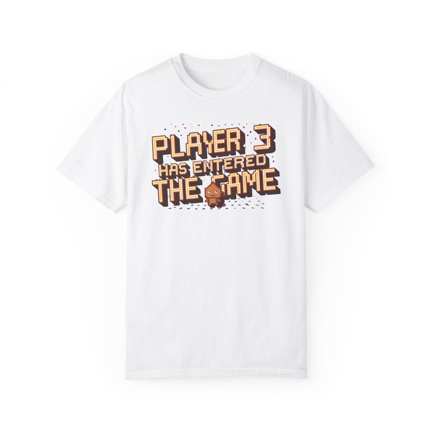 White and cream-colored t-shirts featuring the text "Player 3 Has Entered the Game" in a retro gaming design.