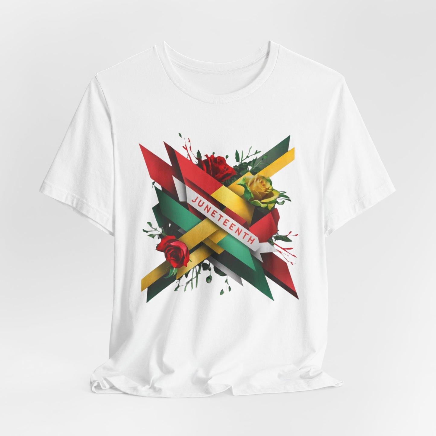 Vibrant Juneteenth Designed Shirt featuring a dynamic flag pattern with bold colors and blooming roses, perfect for celebrating freedom and Black history.