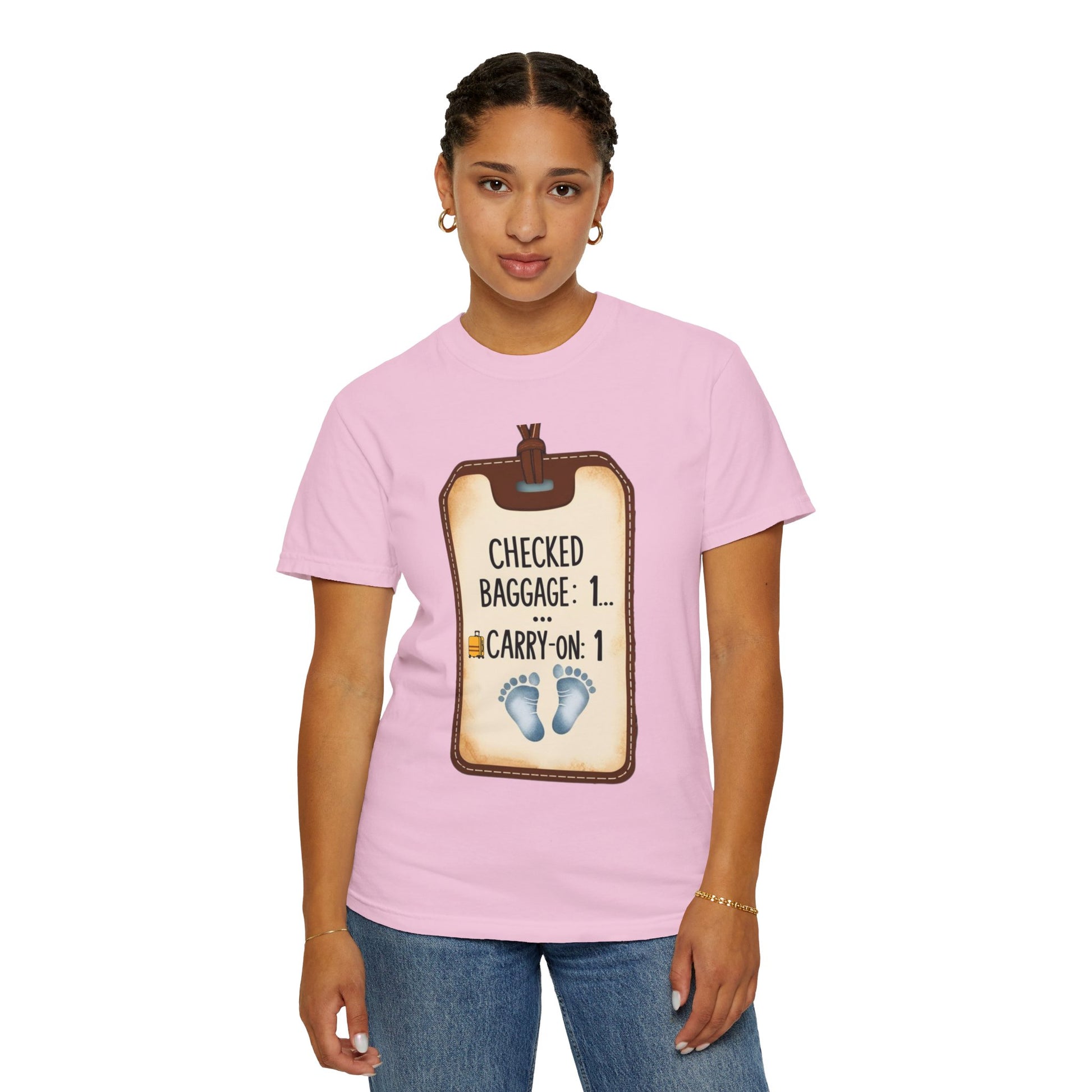 Multi-colored t-shirt featuring a playful design with the text "Checked Baggage: 1... Carry-On: 1" and tiny baby footprints.