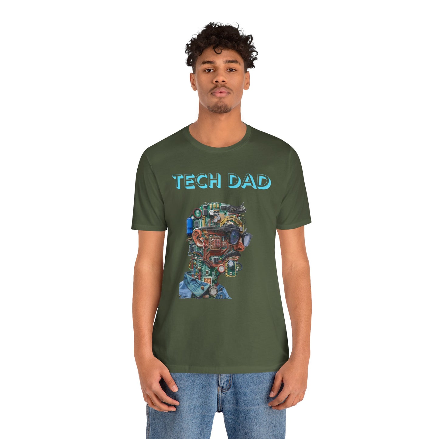 T-shirt with a bold 'Tech Dad' design, featuring a vibrant circuit board graphic, perfect for tech-savvy dads.