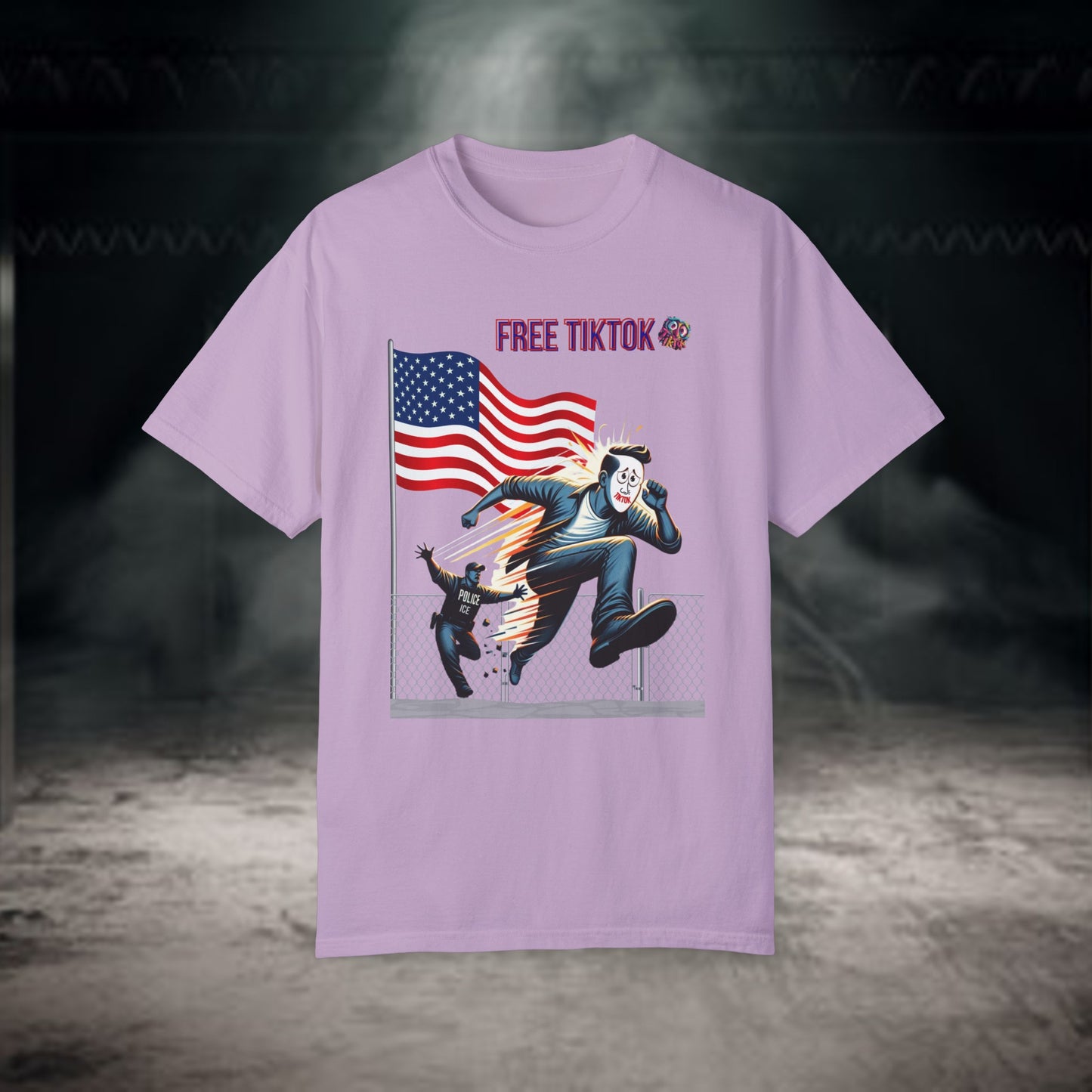 Rebellious "Free TikTok" vintage graphic tee featuring a masked figure escaping over a fence with the American flag in the background, perfect for making a bold and humorous statement with style.