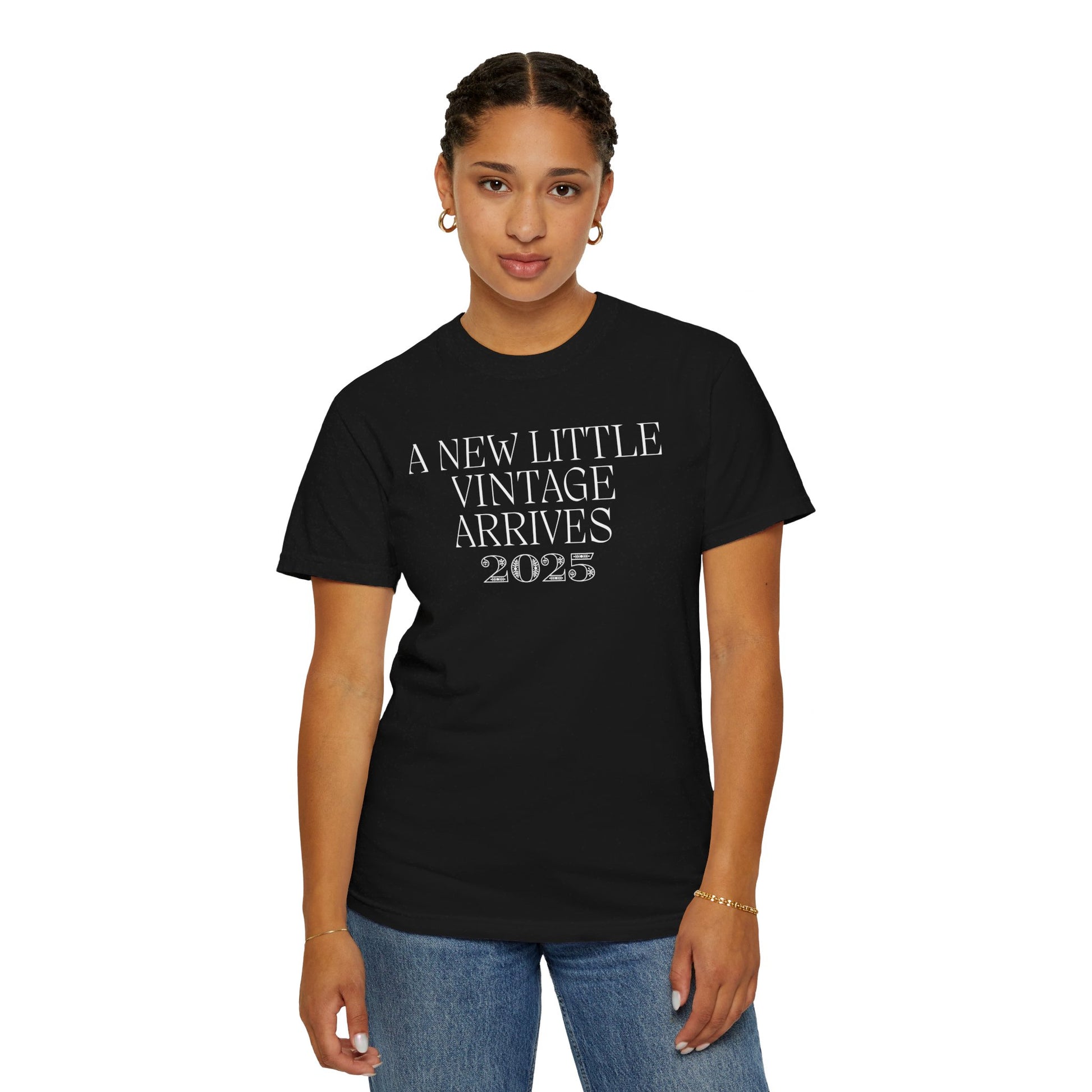 Black t-shirt with the text "A New Little Vintage Arrives 2024" in a classic, vintage-inspired font.