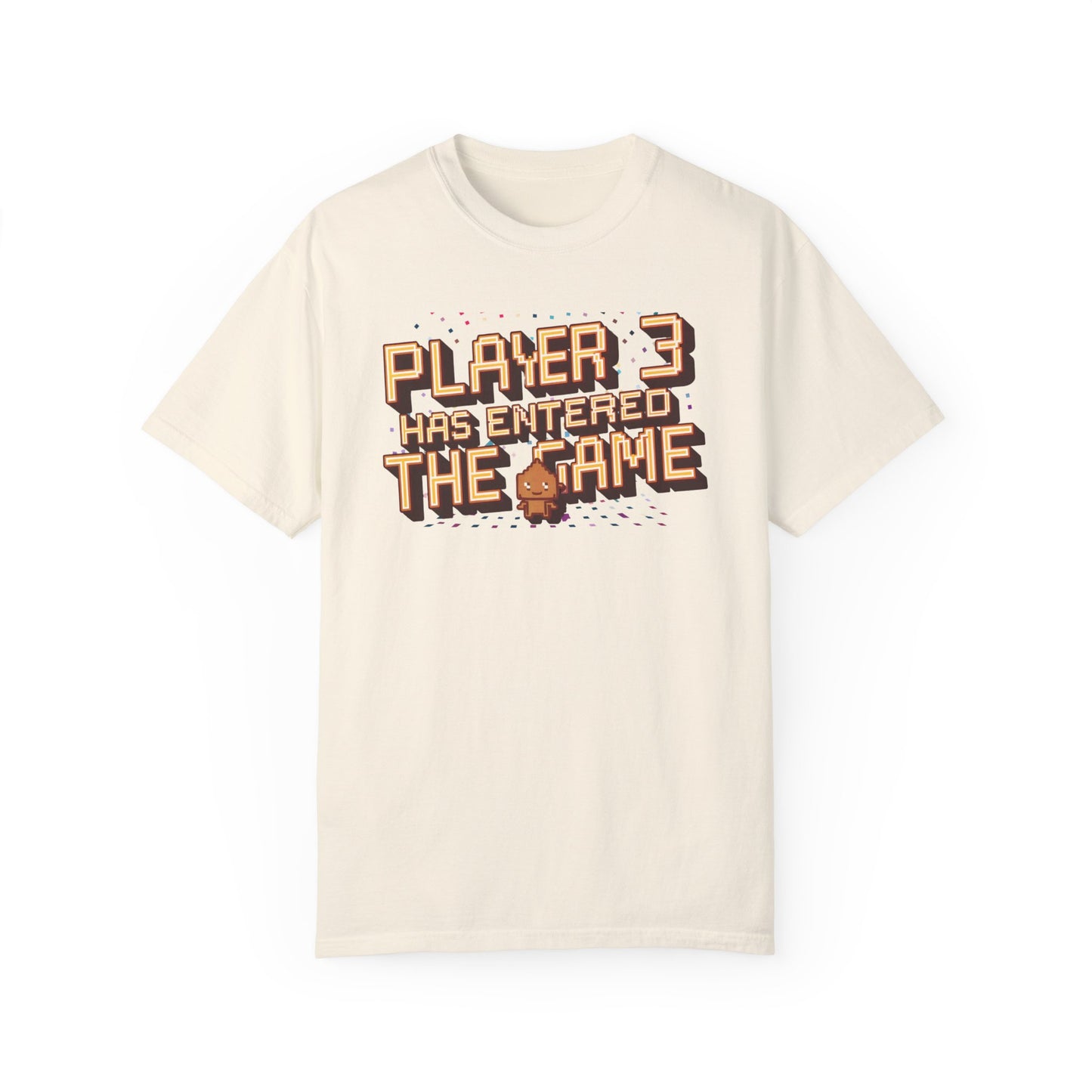 White and cream-colored t-shirts featuring the text "Player 3 Has Entered the Game" in a retro gaming design.