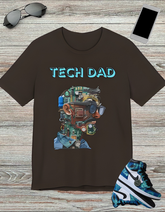 T-shirt with a bold 'Tech Dad' design, featuring a vibrant circuit board graphic, perfect for tech-savvy dads.