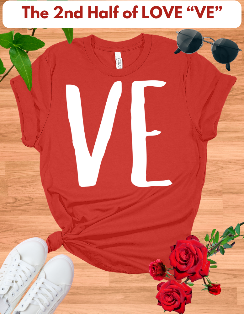 Red couple's matching T-shirt set with "LO" on one shirt and "VE" on the other, featuring "EST 2018" in white text.