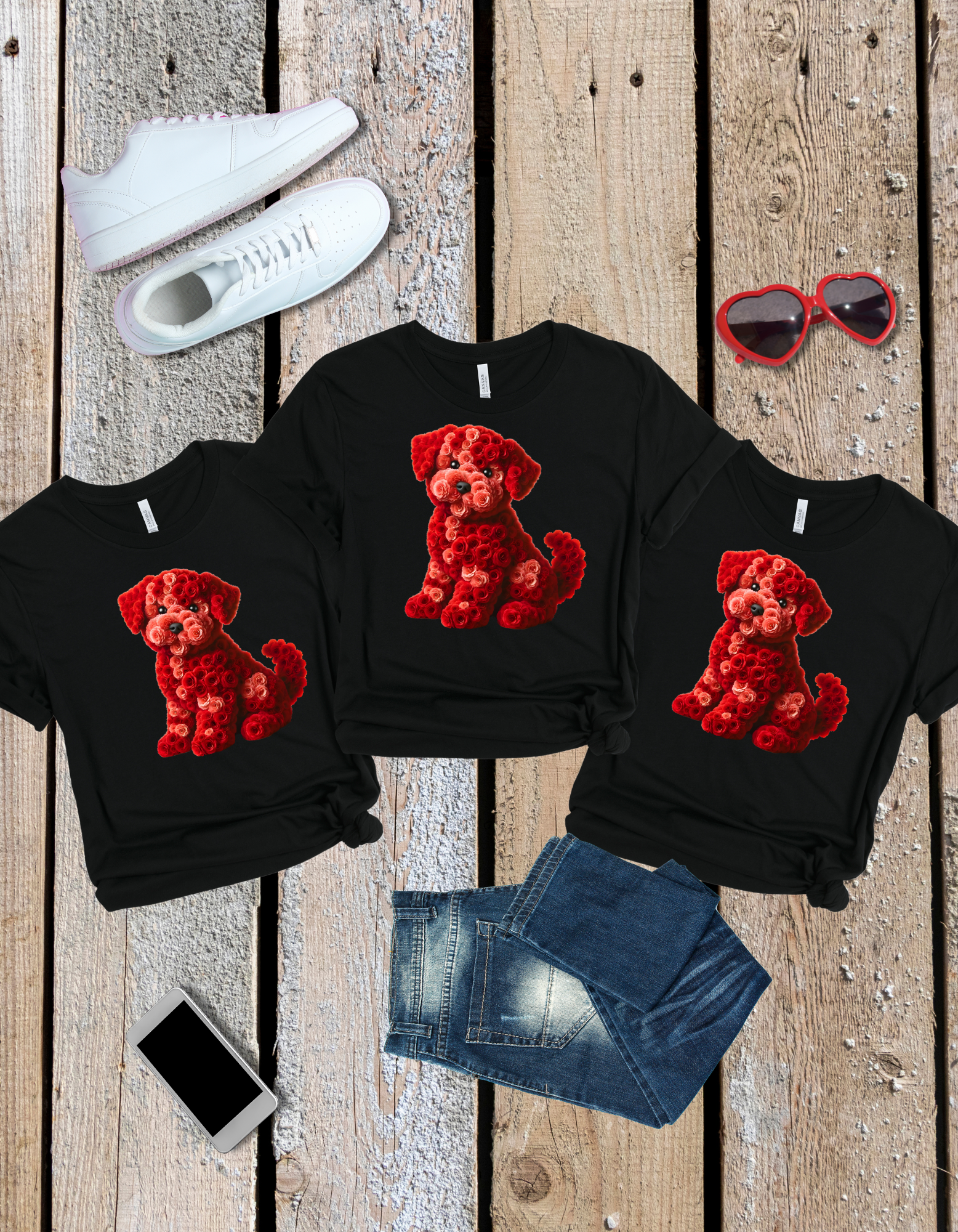 Chic t-shirt featuring a unique design of a fluffy puppy crafted from beautiful red roses, symbolizing softness and natural beauty.