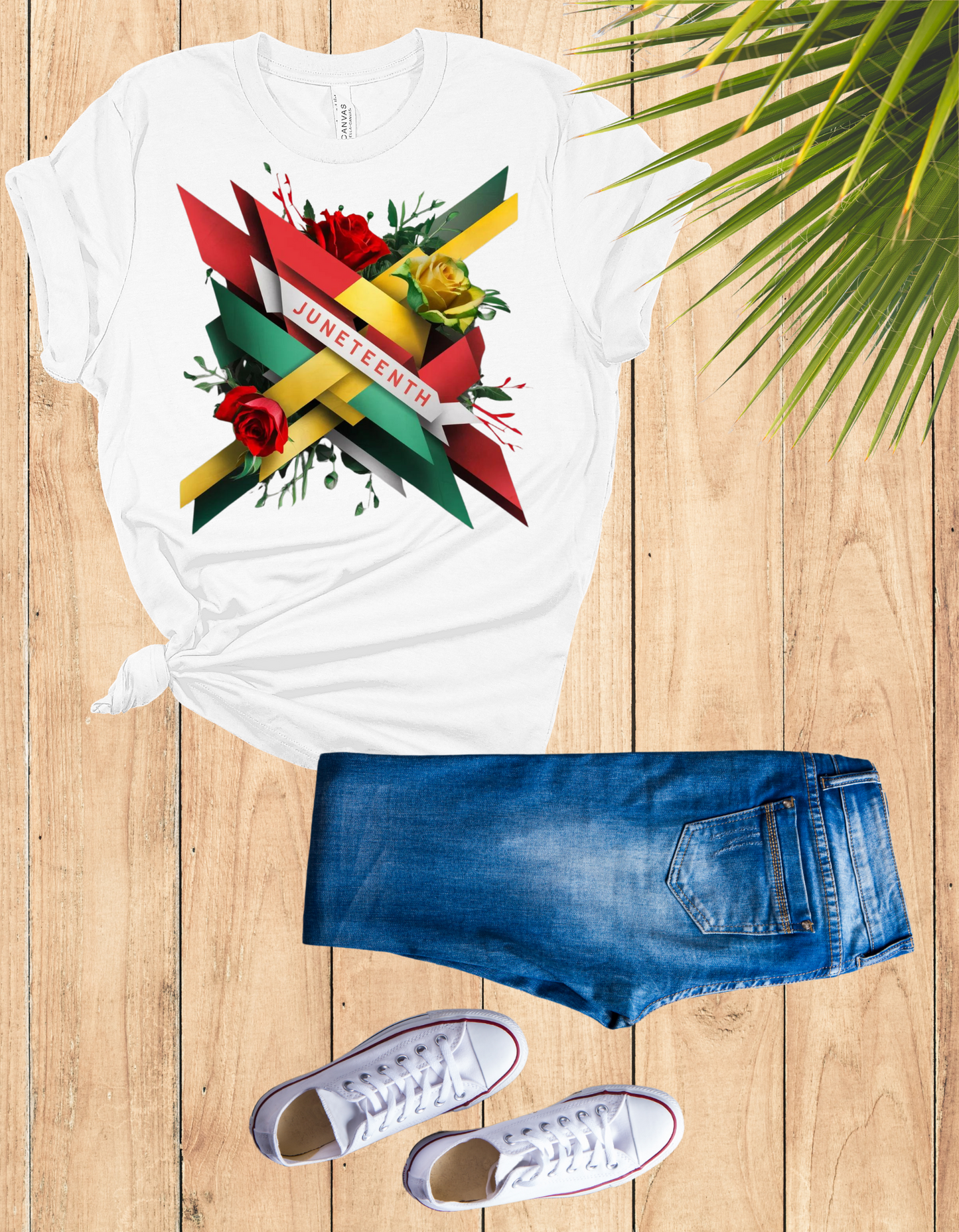 Vibrant Juneteenth Designed Shirt featuring a dynamic flag pattern with bold colors and blooming roses, perfect for celebrating freedom and Black history.